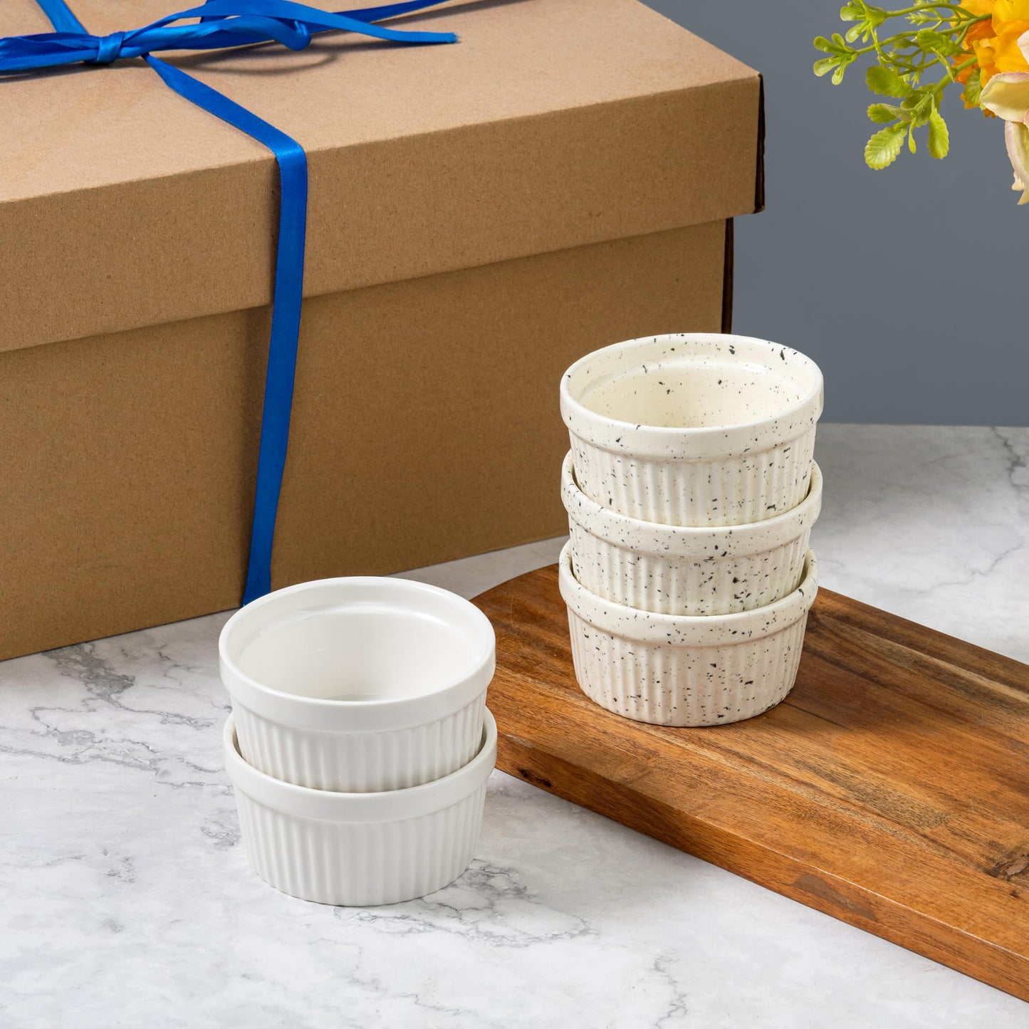 4oz Ramekins Set of 4,Creme Brulee Ramekins Oven Safe,Ceramic Custard Cups Ramiken for Baking,Souffle Ramekin Bowls for Pudding Ice Cream,Blue BST220