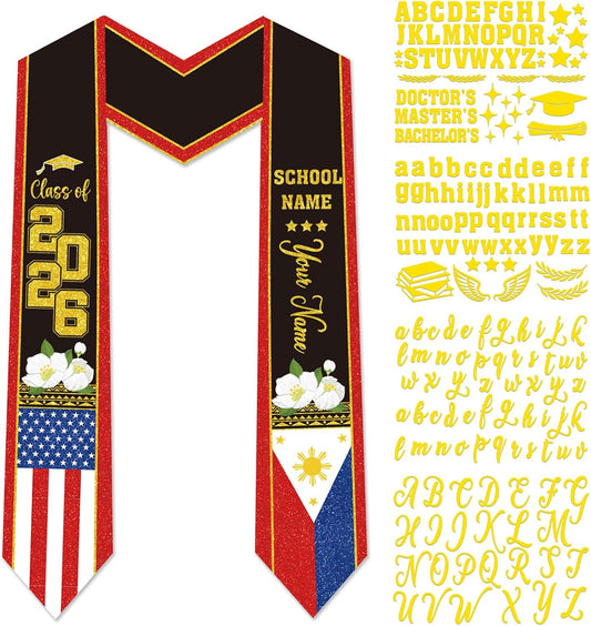 Dazoratix Filipino Graduation Stole 2026 - Philippines American Flag Sash Personalized Custom Glitter Iron on Letters Patches DIY Customize Transfer Stickers for Senior Student School Grad Decorations BST326L