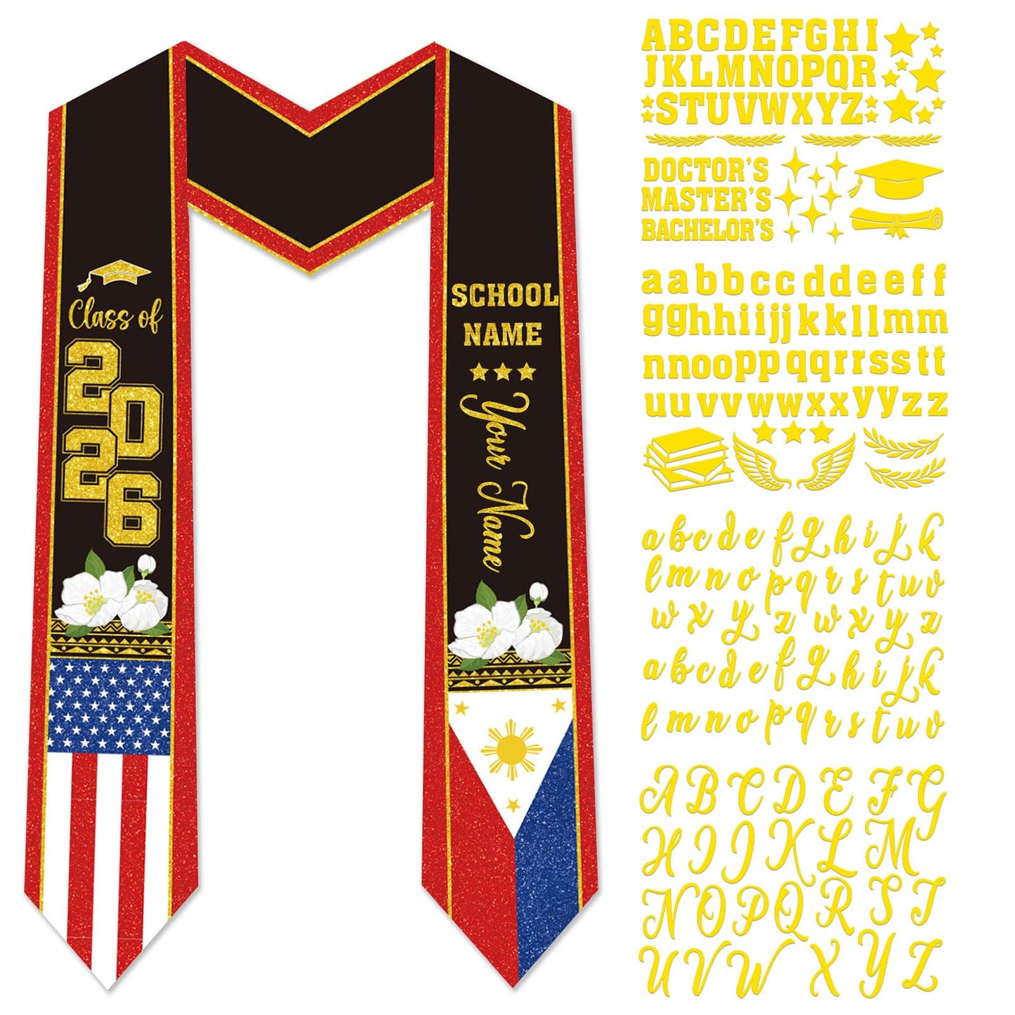 Dazoratix Filipino Graduation Stole 2026 - Philippines American Flag Sash Personalized Custom Glitter Iron on Letters Patches DIY Customize Transfer Stickers for Senior Student School Grad Decorations BST326L