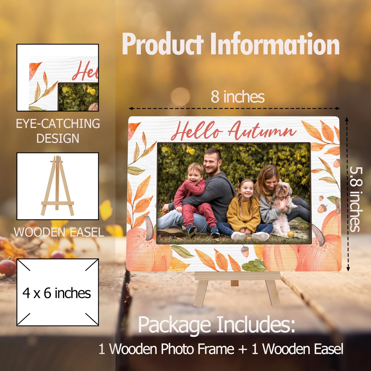 Fall Orange Picture Frames, Autumn Harvest Wooden 4x6 Photo Frame with Easel, Thanksgiving Gifts for Home Office Tabletop Display Decorations - D02 BST326L