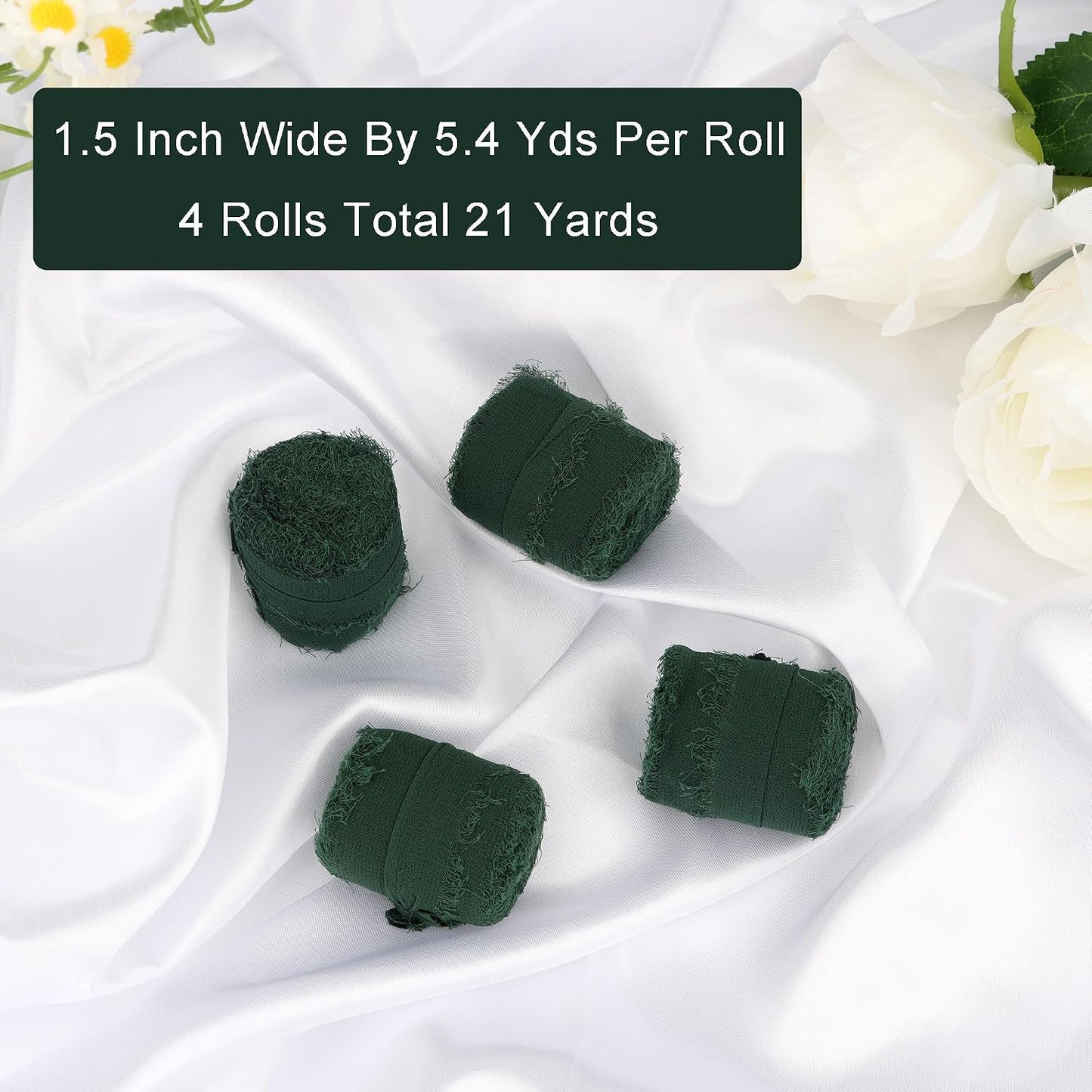 Dark Green 4 Rolls Silk Ribbon - 1.5 Inch Wide, 21 Yards Long, Frayed Edge, Handmade Fringe, Chiffon Ribbon for Crafts, Weddings & Home Decor WN420