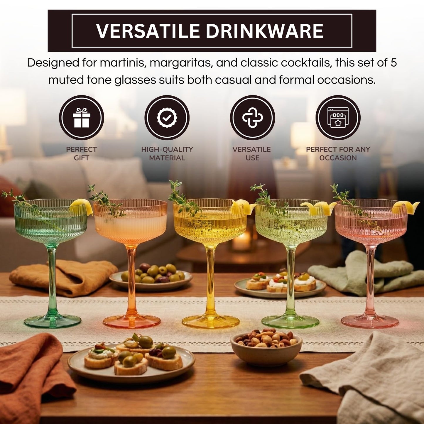 Khen Pink Peach Acrylic Ribbed Coupe Martini Champagne Cocktail Glasses, Set of 4, 8 oz Shatterproof Ripple Stemware European Style Reusable Drinkware Goblets, Indoor Outdoor Parties Weddings Bar Gift BST220