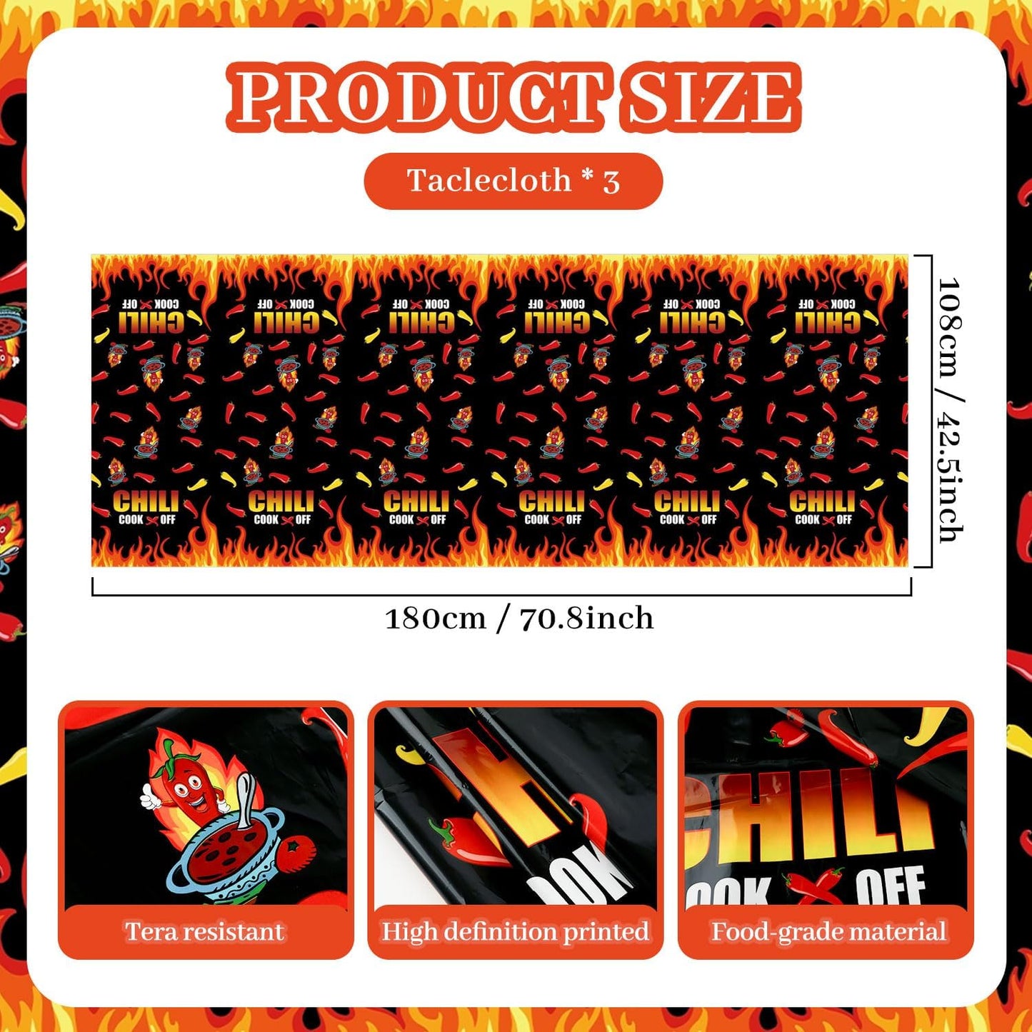 4Pcs Chili Cook Off Decorations Set Include 3P 51.2" x 86.8" Disposable Chili Pepper Flame Plastic Table Covers and Chili Cook Off Banner Chili Cooking Contest Party Supplies Chili Pepper Decorations BST326L