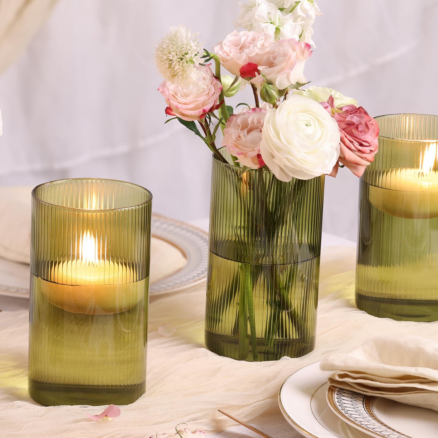 Glass Ribbed Cylinder Vases, 8 Inch Tall, Clear, Pack of 3 | Flower Vases in Bulk, Hurricane Floating Candle Vases, For Party Home Decor BST326H