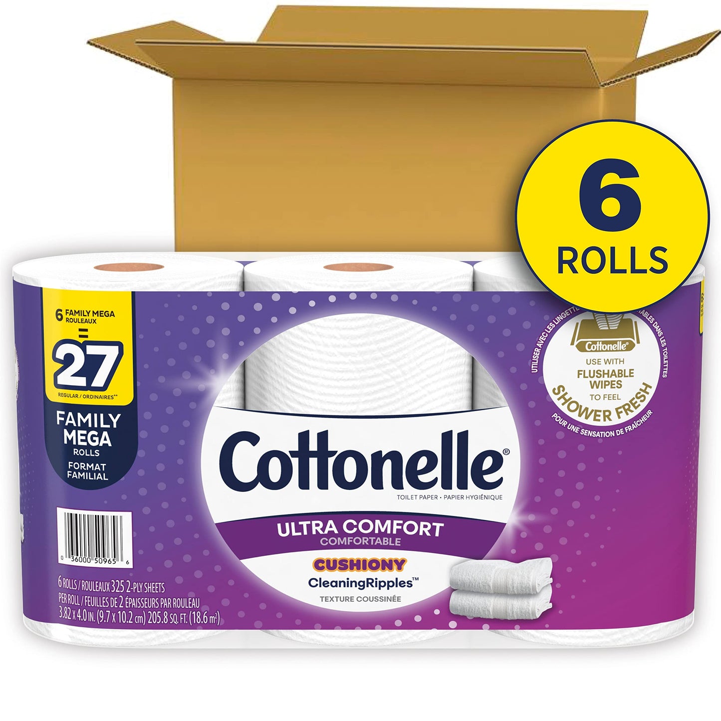 Cottonelle Ultra Toilet Paper, 6 Mega Family Rolls, Cushiony Cleaning Ripples, 325 Sheets Per Roll