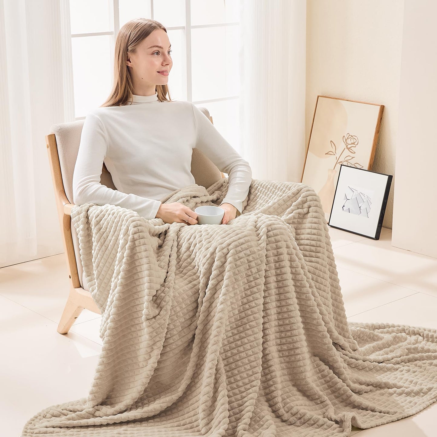 EMME Fleece Blanket, 3D Jacquard Throw Blanket for Couch and Bed, Soft Cozy and Fluffy Blankets Lightweight Luxury Flannel with Waffle Design (Navy Blue, 50" x 60") BST202