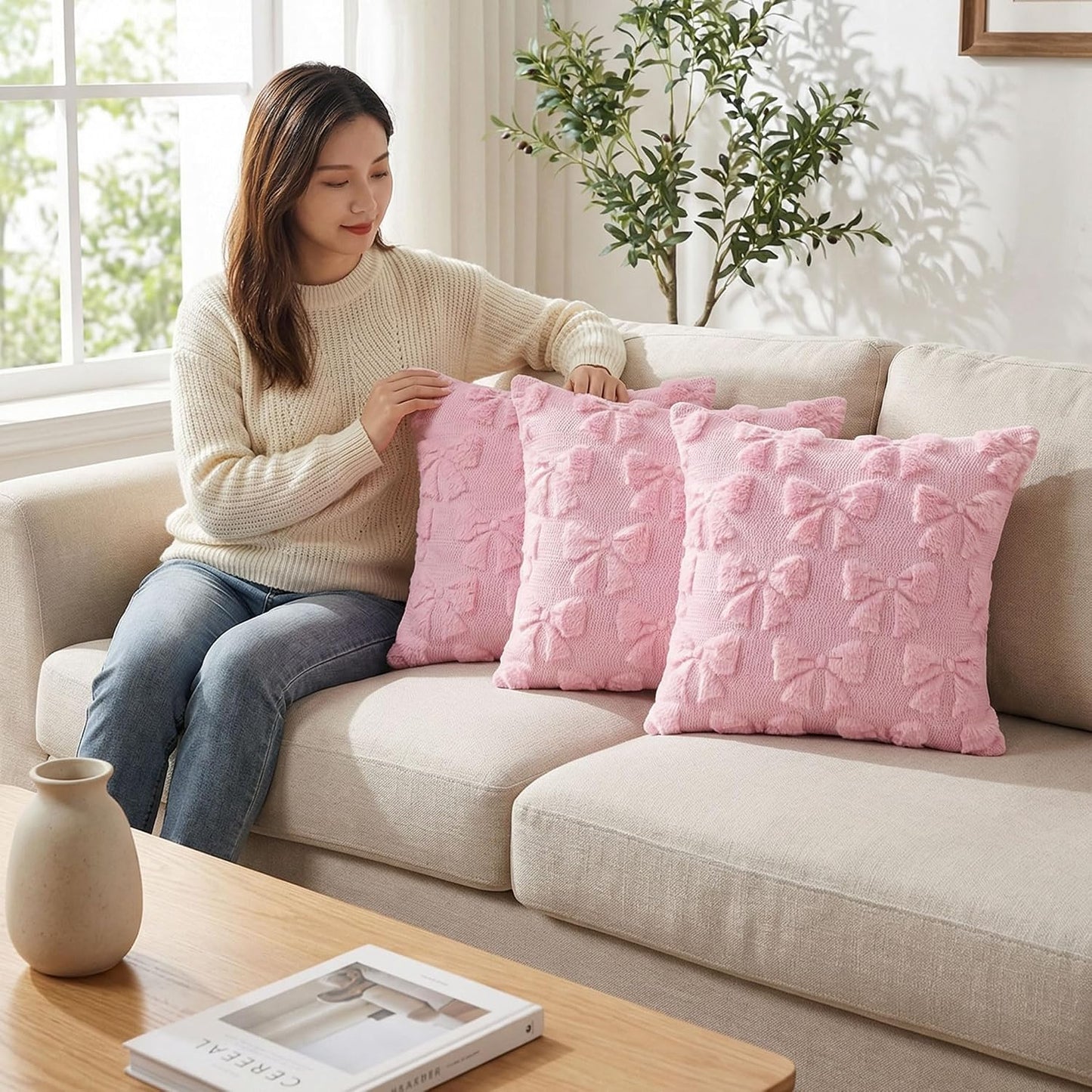 Pink Bow Pillow Covers 18x18 Inch Set of 3 Cute Bowknot Throw Pillow Cover Soft Plush Cushion Covers Aesthetic Pillowcase for Coquette Room Decor BST326H