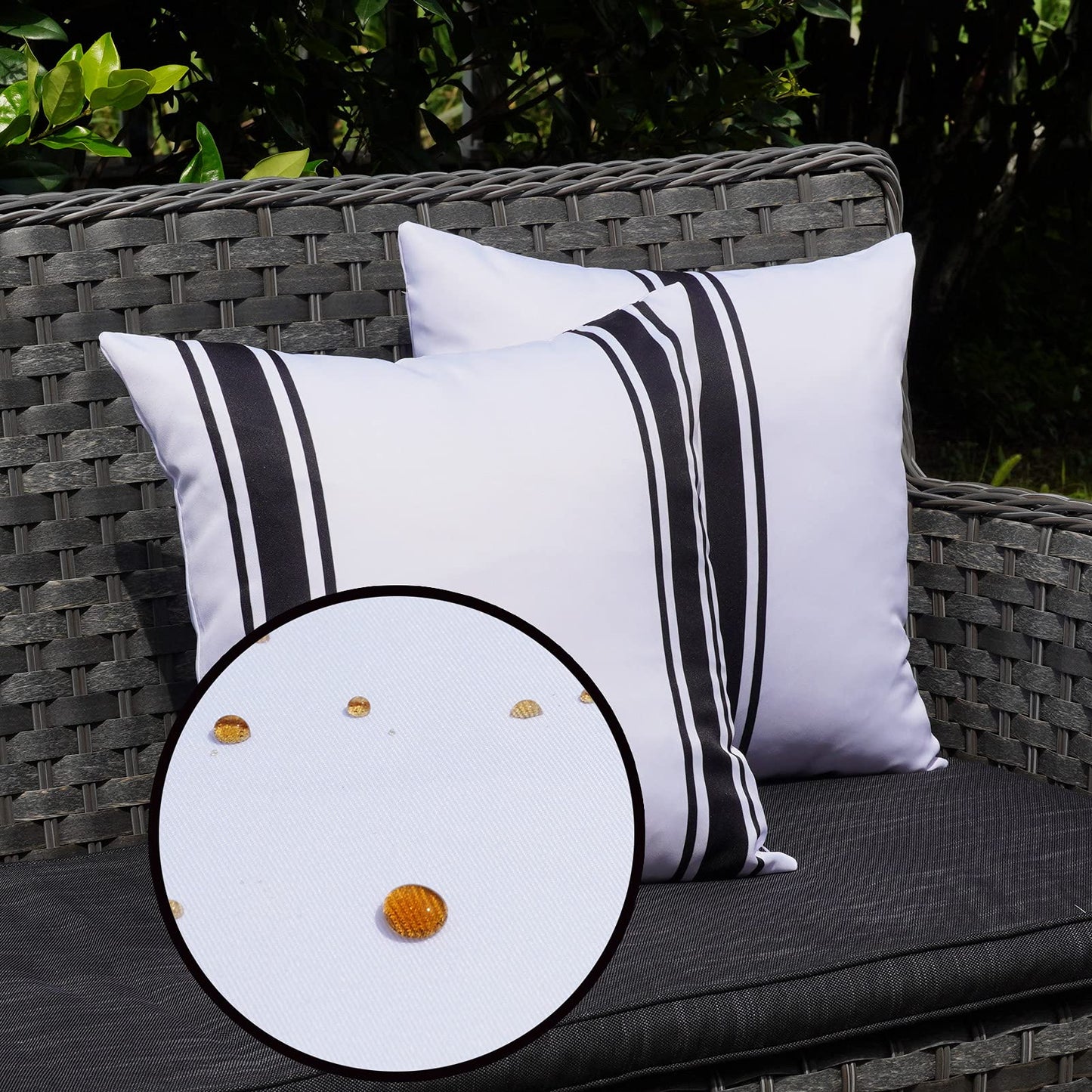 ONWAY Outdoor Pillow Covers Waterproof 18x18 Set of 2 Decorative Linen Throw Pillow Cover Beige and Black Striped Outdoor Pillows for Patio Furniture BST220