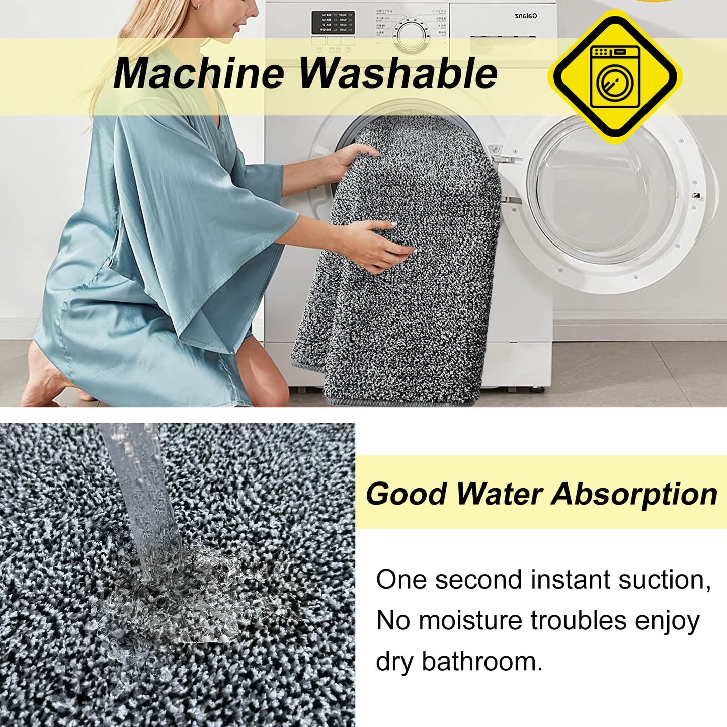 HDFK Bathroom Rugs | Non Slip Washable Bath Mats 24x16 Inches 2 Tone Soft Chenille Medium Pile TPR Floor Mat | High Absorbency Quick Dry Grey and White | Shower Rug for Wet Dry Zone BST220