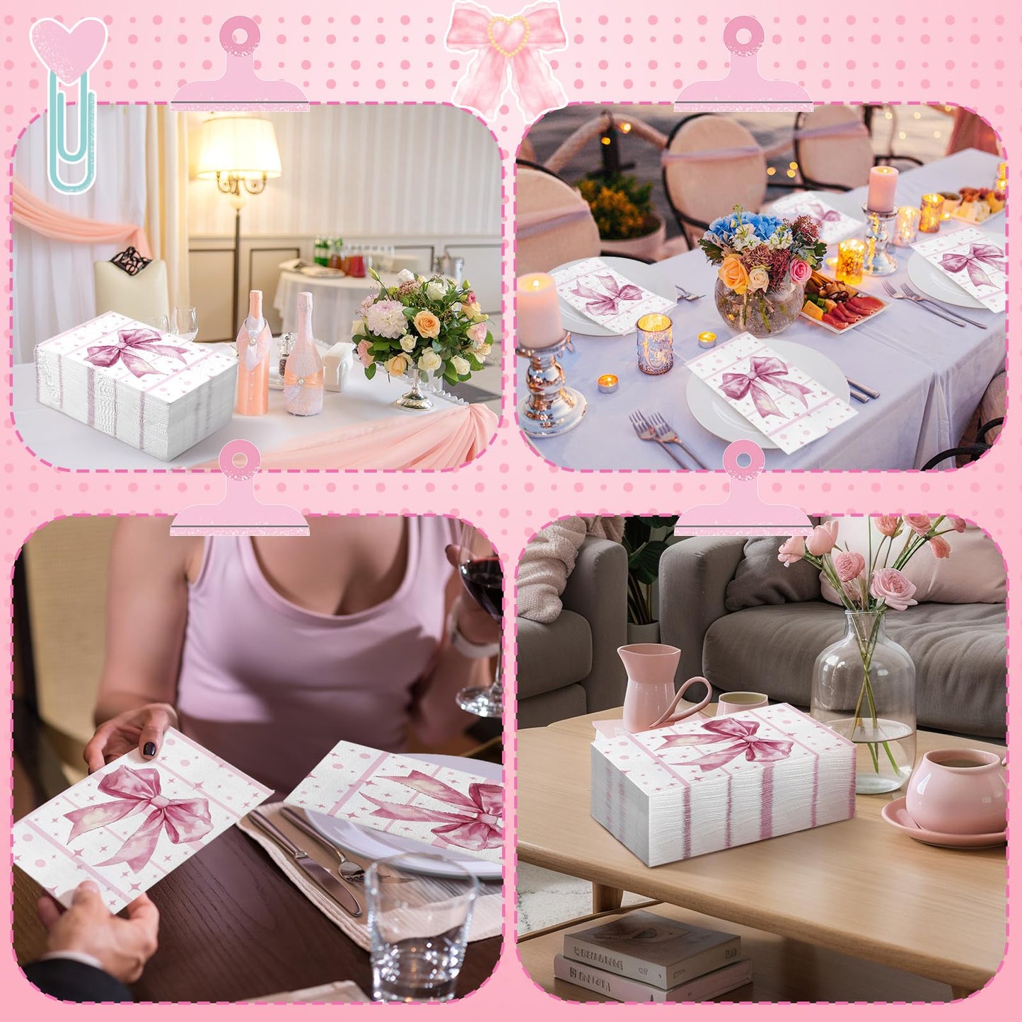 200 Pcs Pink Bow Napkins 3 Ply Coquette Bow Disposable Napkins Valentine's Day Paper Hand Towels Party Gifts Bulk for Bridal Shower Bachelorette Tea Party Birthday Decor(Classic Style) BST202