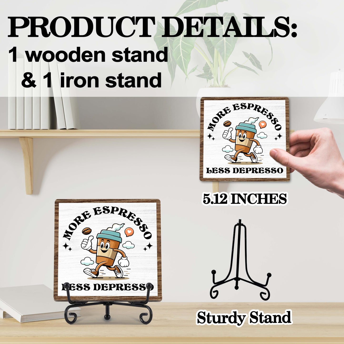 Coffee Bar Decor, Farmhouse Kitchen Table Decor, Coffee Station Accessories, Wooden Decorative Sign with Iron Stand for Table Desk Shelf Display-E21 BST220