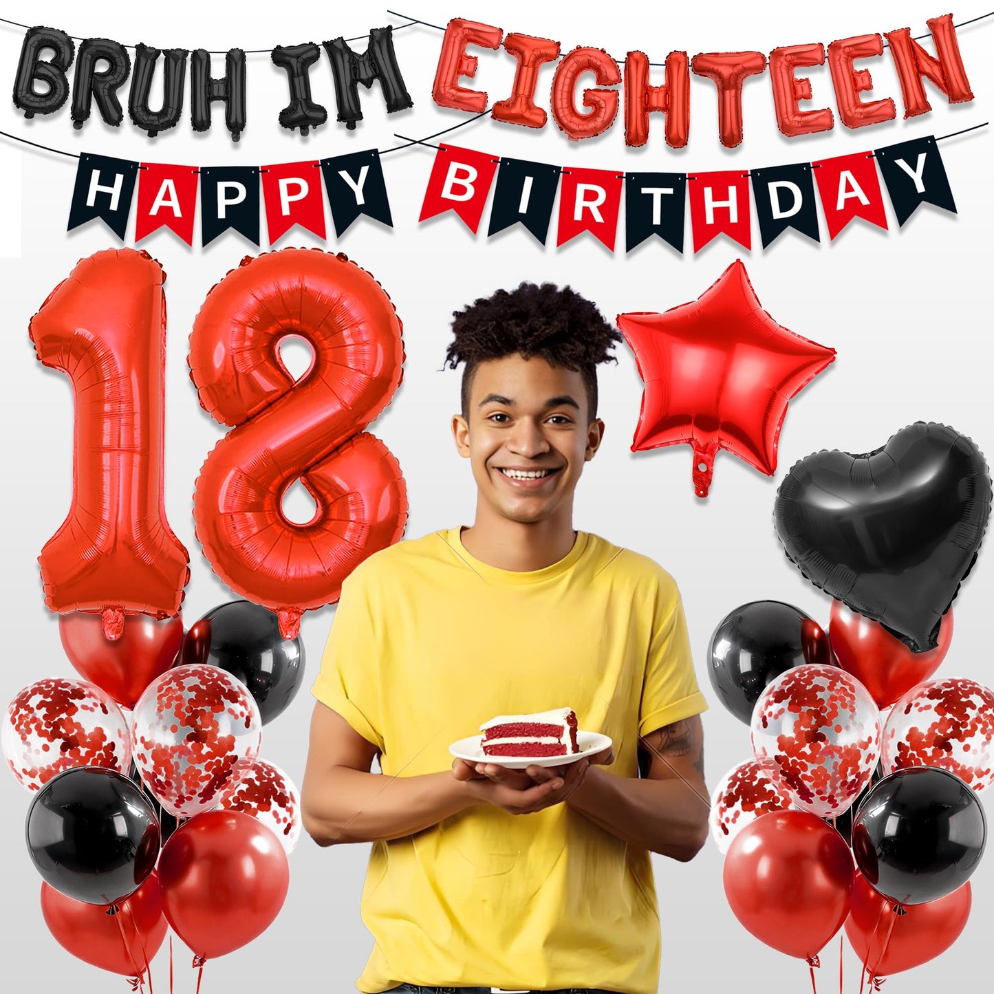 9th Birthday Decorations Boys Kit - 27 Pcs Red and Black Bruh Im Nine Balloon Banners Happy Birthday Fishtail Flags Number 9 Balloon Star Heart Balloons Set for 9 Year Old Party Decoration Supplies BST202