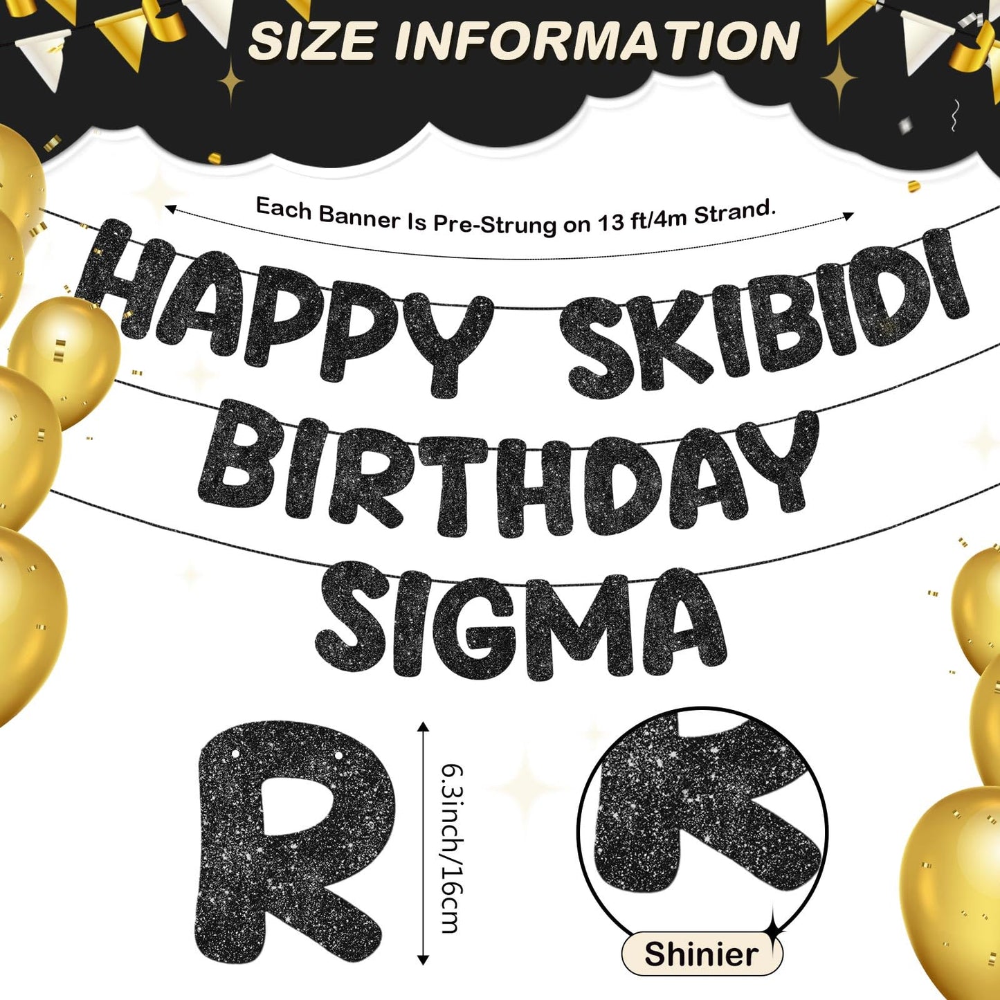 Fulmoon Pre Strung Happy Skibidi Birthday Sigma Banner Glitter Funny Zoomer Gen Z Slang Birthday Party Supplies Gen Z Slag Party Decorations Sign Gift(Champagne Gold) WN420
