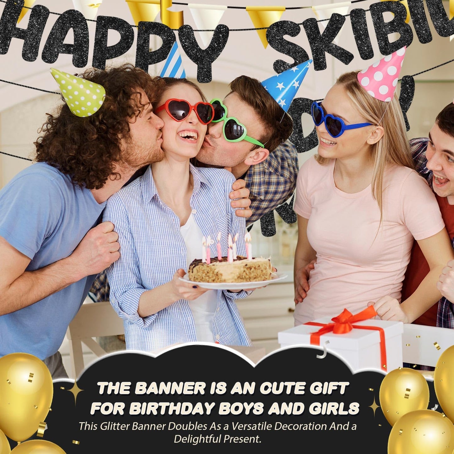 Fulmoon Pre Strung Happy Skibidi Birthday Sigma Banner Glitter Funny Zoomer Gen Z Slang Birthday Party Supplies Gen Z Slag Party Decorations Sign Gift(Champagne Gold) WN420