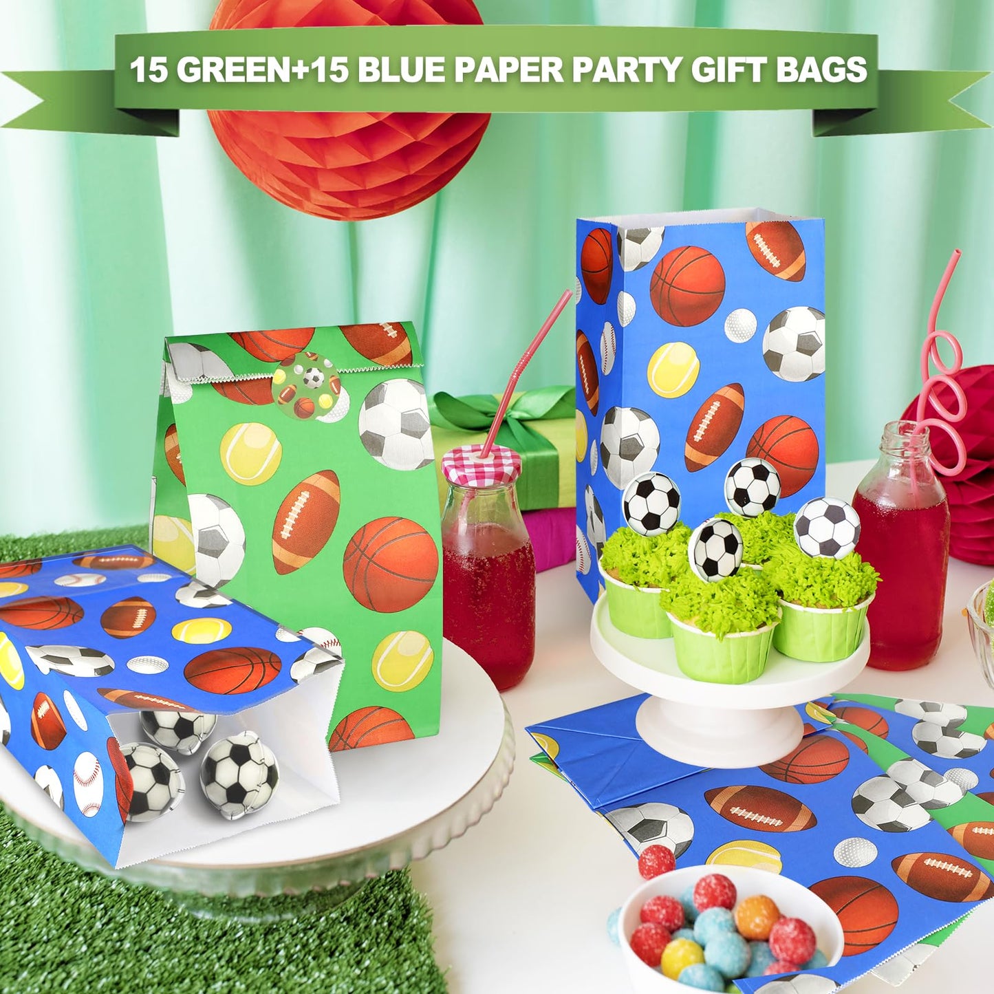 Pinsit 30PCS Paper Sports Party Favors Bags, Baseball Party Bags, Soccer Baseball Football Basketball Goodie Bag without Handles, Treat Candy Bag for Birthday, 9.45 x 5.12 x 3.15 Inches(White + Green) BST220