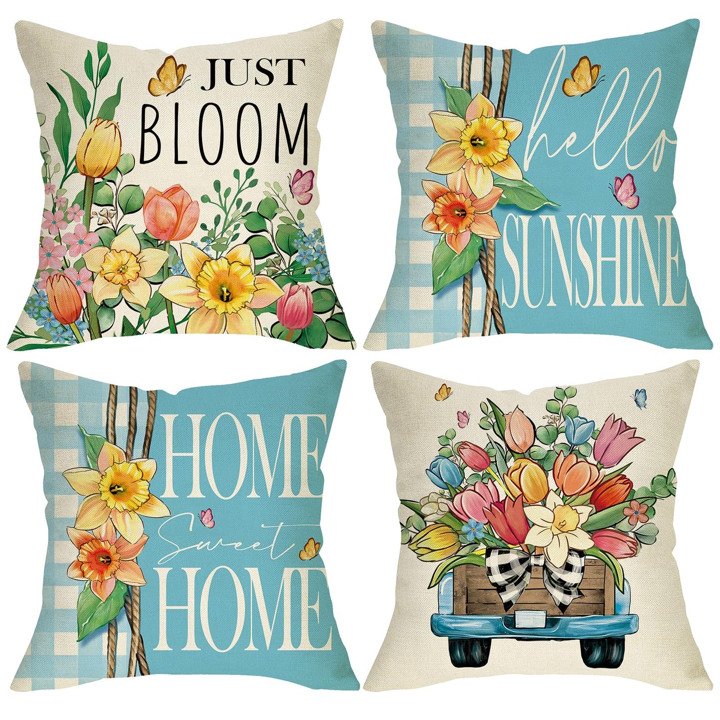 Spring Summer Daisy Flower Decorative Throw Pillow Covers | 18 x 18 Set of 4, Home Sweet Home Floral Wreath Watering Can Boots Porch Home Decor, Live Laugh Love Farmhouse Sofa Couch BST202