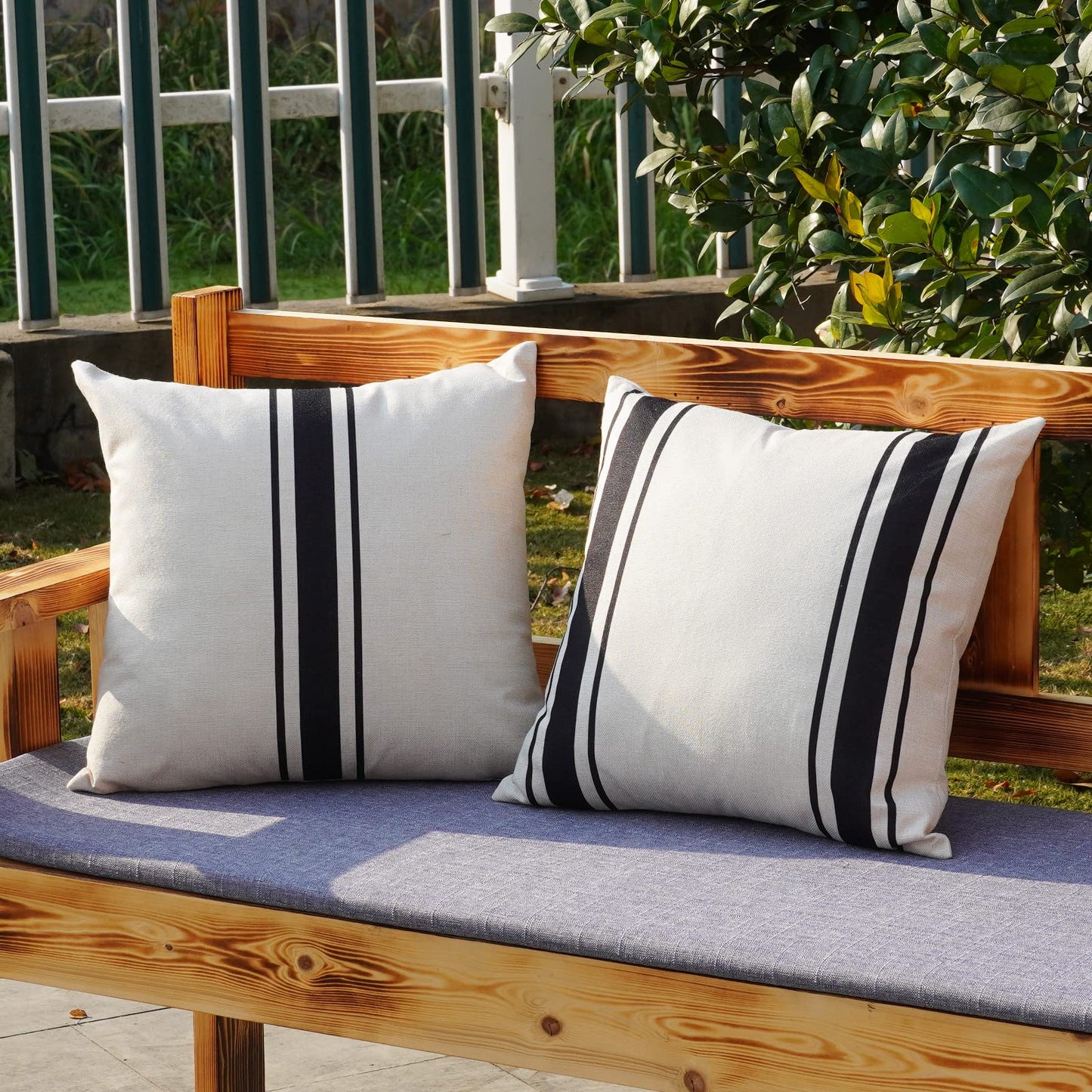 ONWAY Outdoor Pillow Covers Waterproof 18x18 Set of 2 Decorative Linen Throw Pillow Cover Beige and Black Striped Outdoor Pillows for Patio Furniture BST220
