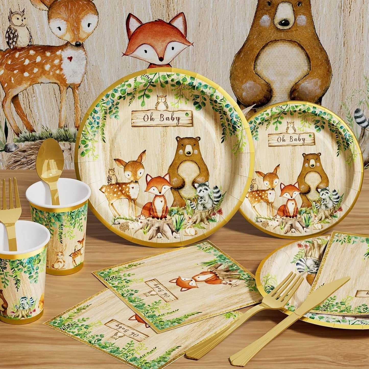 Woodland Baby Shower Decorations Supplies - 175PCS Forest Animal Disposable Dinnerware Set (25 Guest) With Gold Paper Plates Cups Napkins Plastic Fork Knives Spoon for Baby Boy Birthday Party BST326H