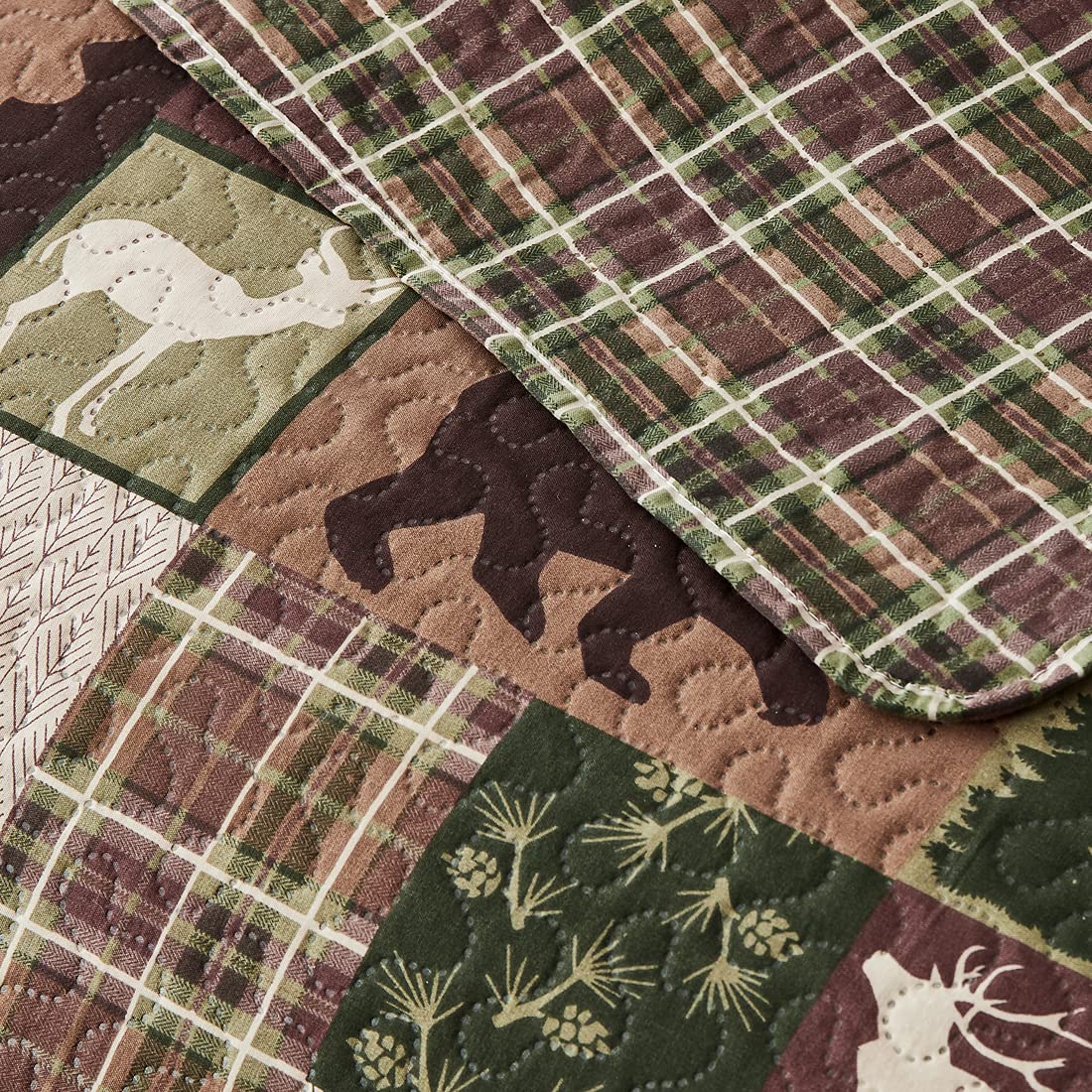 Rustic Moose Quilt Set King Size Lodge Quilt Lightweight Summer Cabin Bedspread Country Bedding Forest Bear Fish Pine Coverlet Daybed Cover Blanket Woodland Home Decor-Brown White BST220