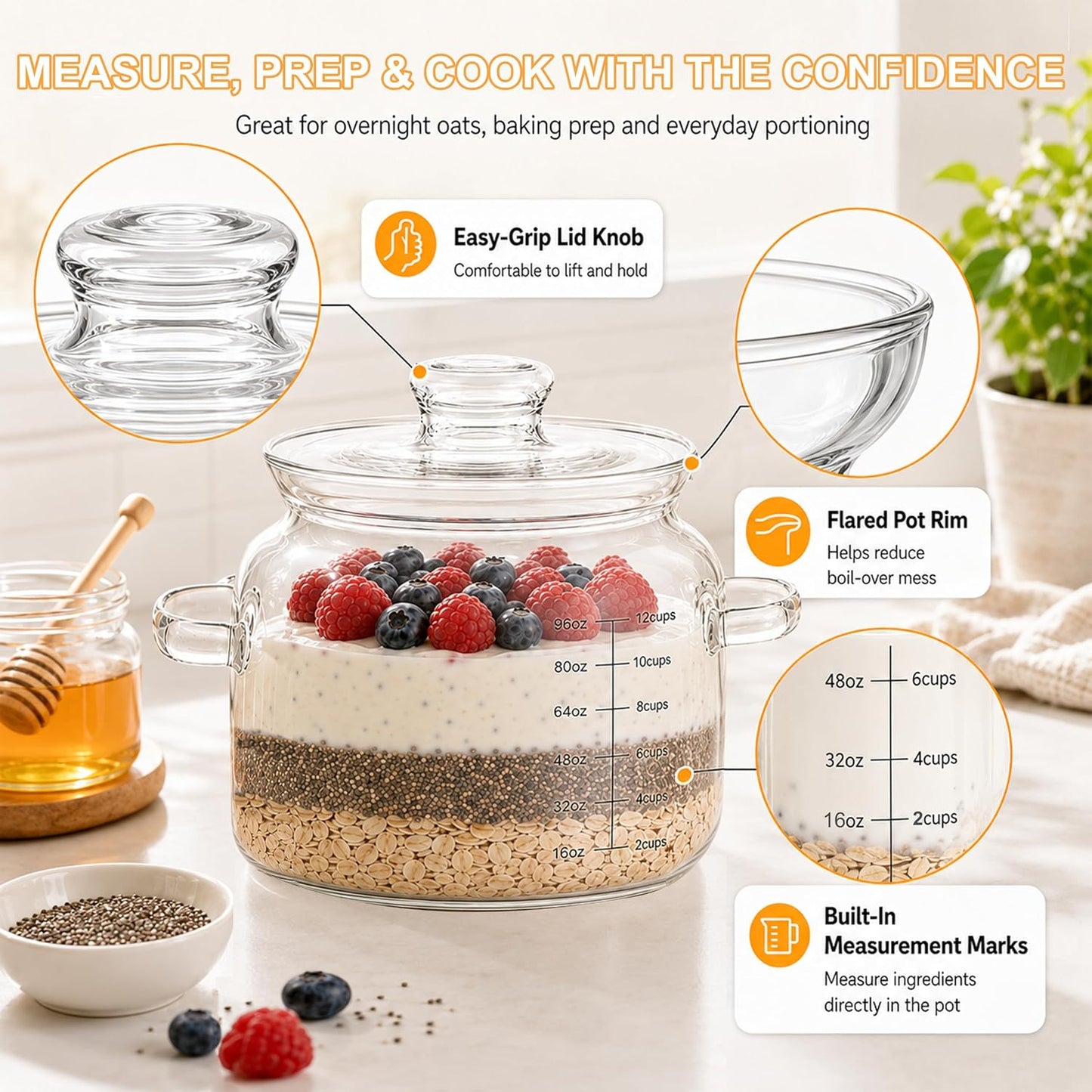 3.2 QT Glass Simmer Pot with Lid and Measuring Marks for Stovetop | 5 mm Borosilicate Glass, 96 oz Measuring Marks, Gas, Electric & Ceramic Cooktops, Microwave, Oven & Dishwasher Safe DD1210