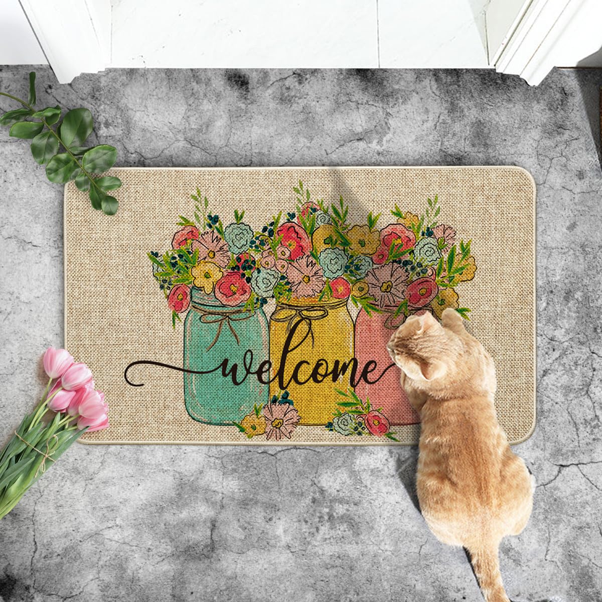 Artoid Mode Vase Hello Spring Semicircular Doormat, Seasonal Summer Low-Profile Yard Floor Switch Mat for Indoor Outdoor 17 x 29 Inch BST202
