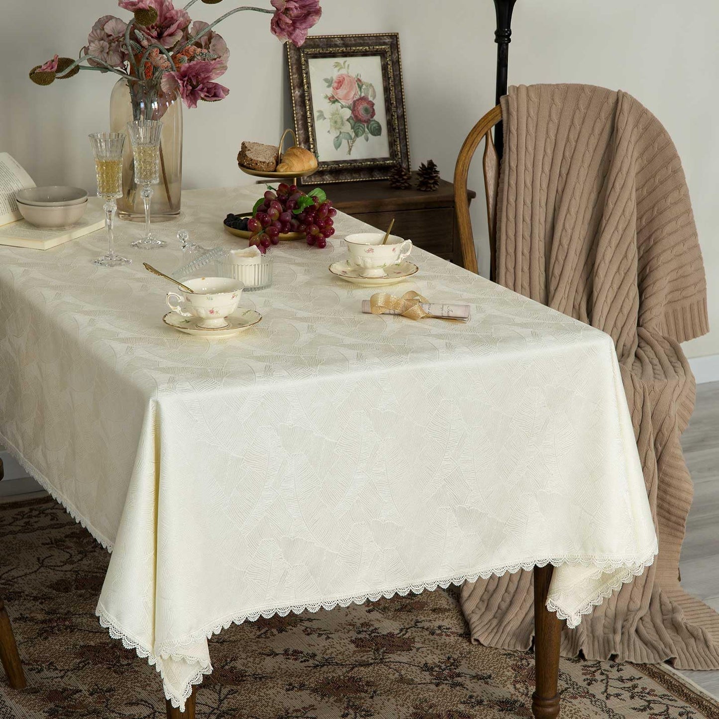 GLORY SEASON Textured Rectangle/Oblong Tablecloth Jacquard Fabric Solid Beige Table Cover for Kitchen Dining Farmhouse Decor 55x70 Inch BST202