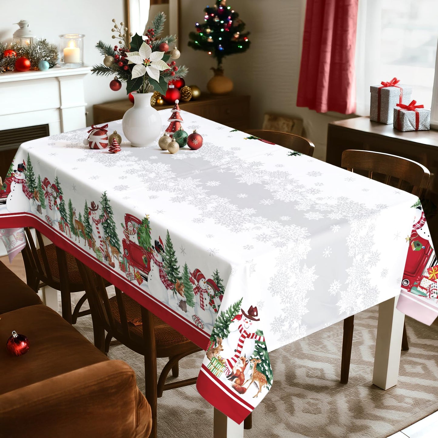 Christmas Tablecloth Waterproof, Red Snowman Snowflake Table Cloth Rectangle, Washable Table Cover for Christmas Party Home Kitchen Decoration (60×120 Inch) BST202