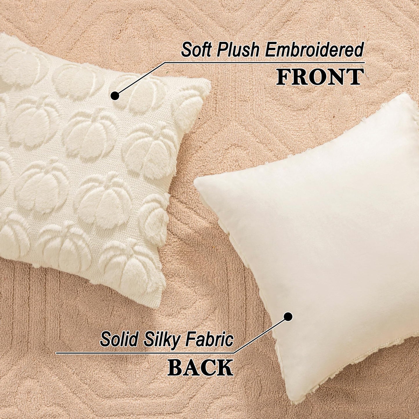 Cream White Fall Pumpkin Decorative Throw Pillow Covers Set of 2, 18x18 Inch Soft Plush 3D Embroidered Halloween Pillow Covers for Fall Decorations Farmhouse Cushion Covers for Thanksgiving BST220