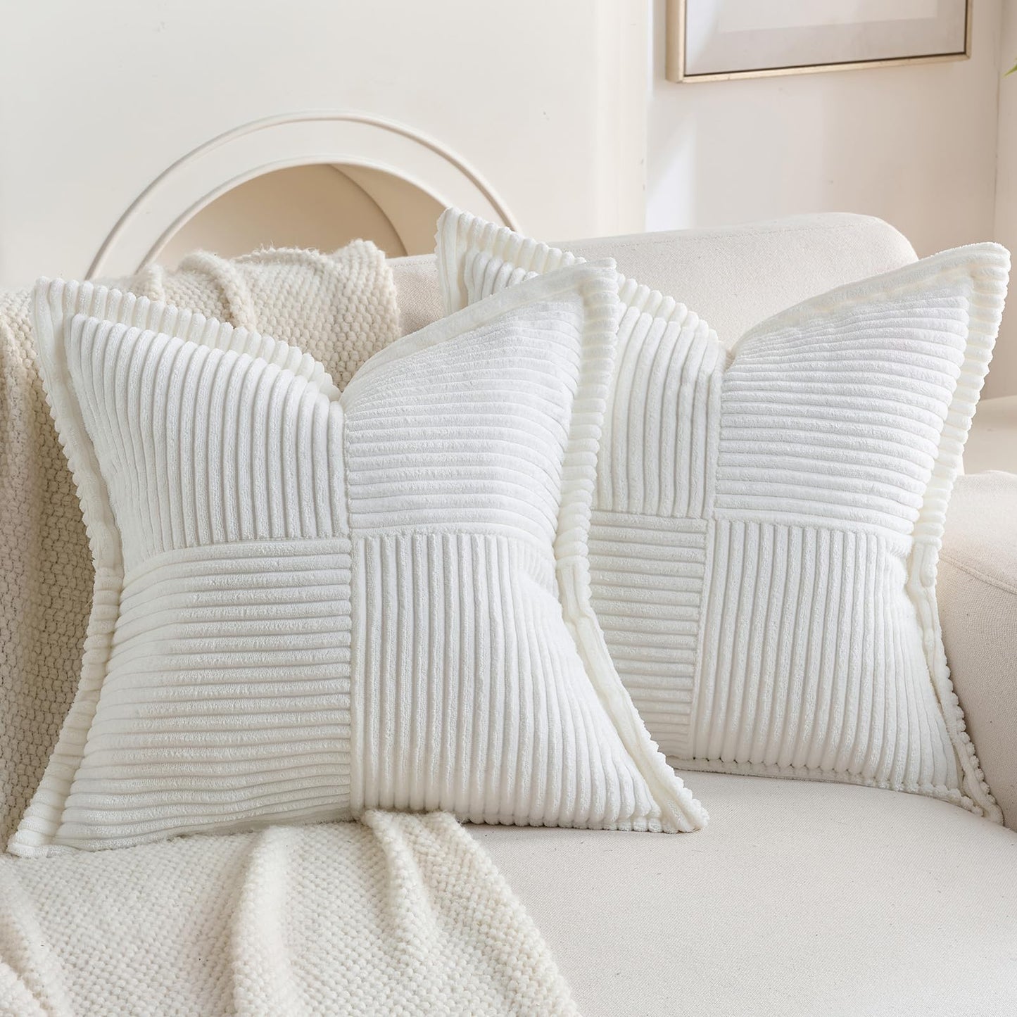HAUSSY Pack of 2 Corduroy Throw Pillow Covers26x26 Inch, Rust | Decorative Striped Soft Boho Farmhouse Pillowcases, Machine Washable, Couch Bed Sofa Living Room Home Decor, No Insert BST202