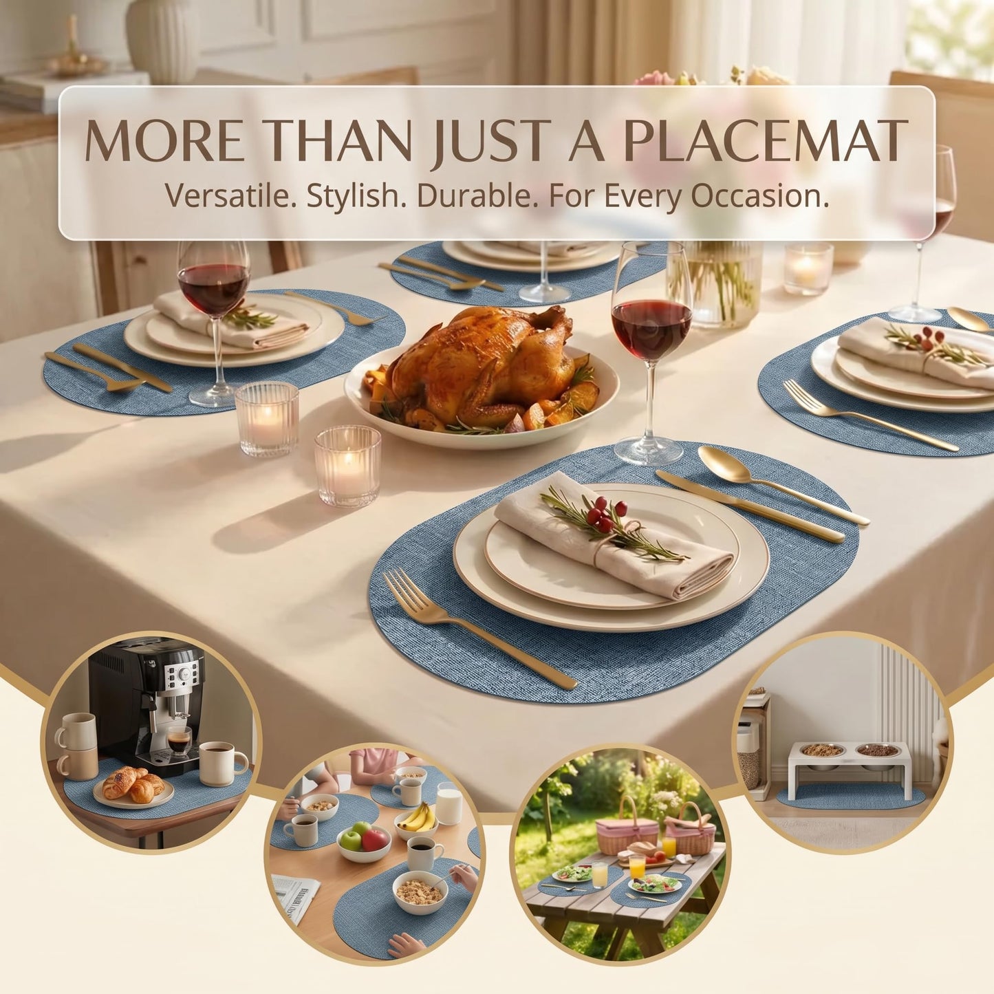 Faux Leather Placemats Set of 6, Wipeable Waterproof Stain Resistant Table Mats, Heat Resistant Thick Placemats with Hand-Painted Edges for Kitchen Dining, Imitative Linen Texture, Various Shapes BST326H