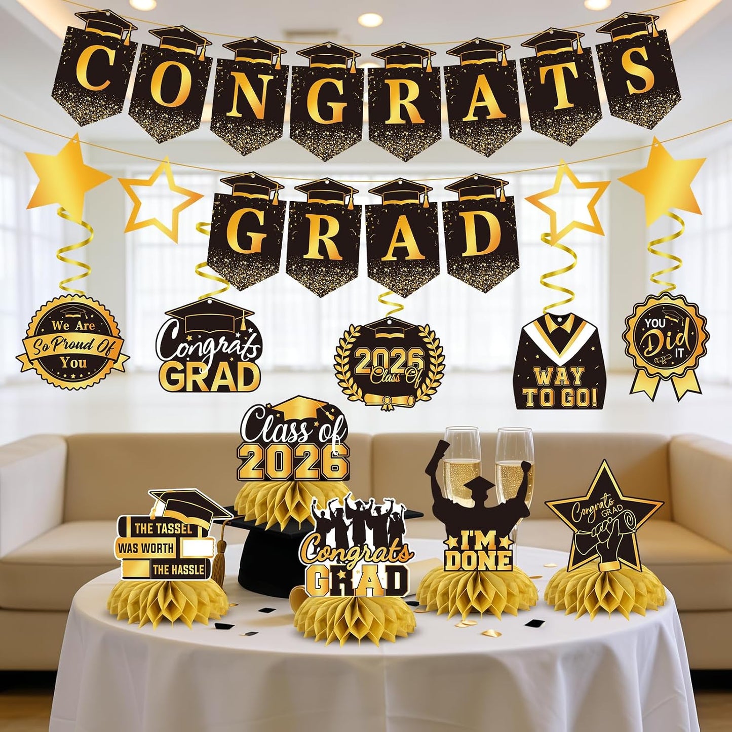Graduation Decorations 2026, Class of 2026 Graduation Party Decorations Set, Congrats Grad Banner, Hanging Swirls & Table Centerpiece Decorations, Black and Gold Graduation Decor for Home School Party BST326L