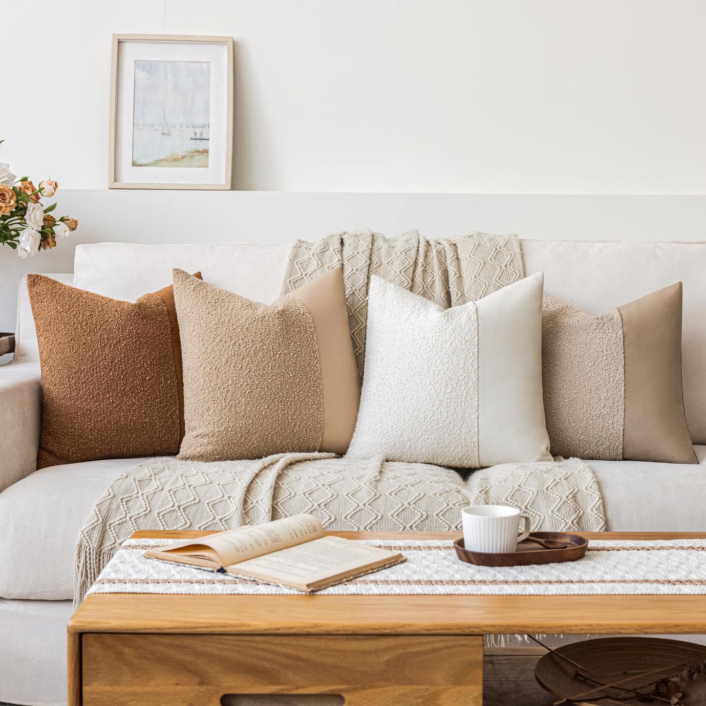 Set of 2 Fluffy Boucle Pillow Covers 18"x18", Oatmeal Textured Throw Pillow Covers with Faux Leather Accents, Boho Decorative Pillow Cases for Couch, Bed, or Farmhouse Home Decor BST220
