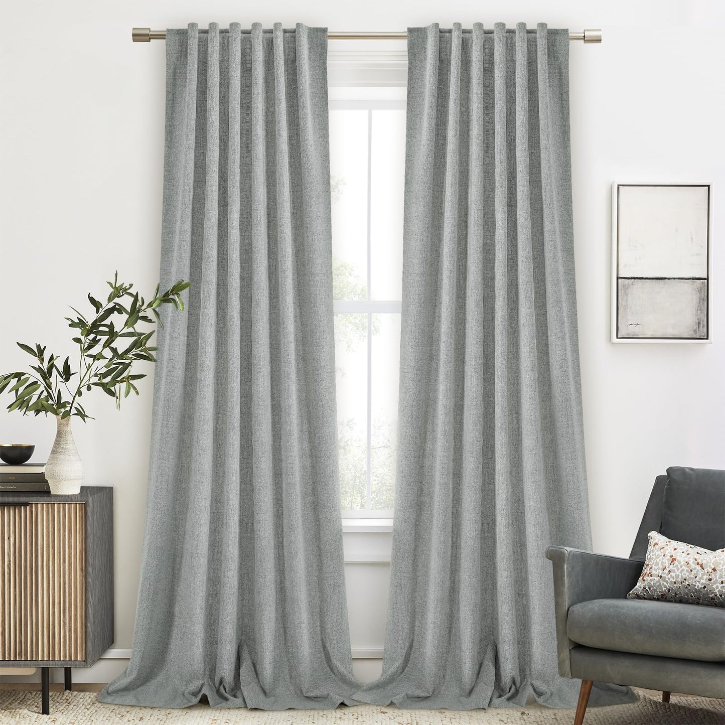PANGSINNE Short Curtains for Windows Bathroom, 100% Blackout Linen Boho Back Tab Pleated Cafe Curtains for Kitchen Bedroom, 54 Inch Length 2 Panels Set, Dusty Blue BST326H