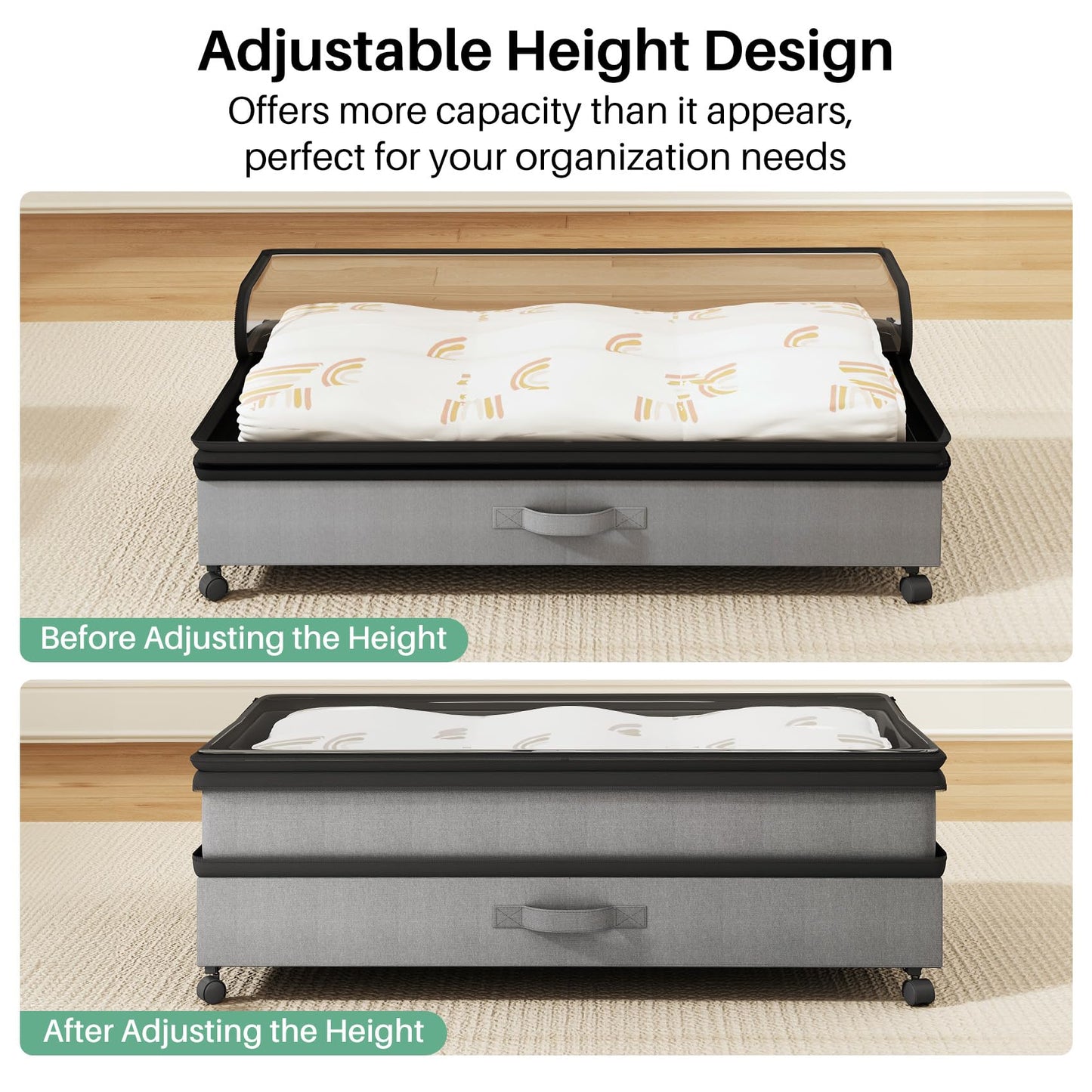 Kitstorack Under Bed Storage with Wheels 2Pack Height-adjustable Under Bed Storage Containers,Under Bed Shoe Storage Organizer with Clear Window&Label, Suitable for Clothes Storage, Gray