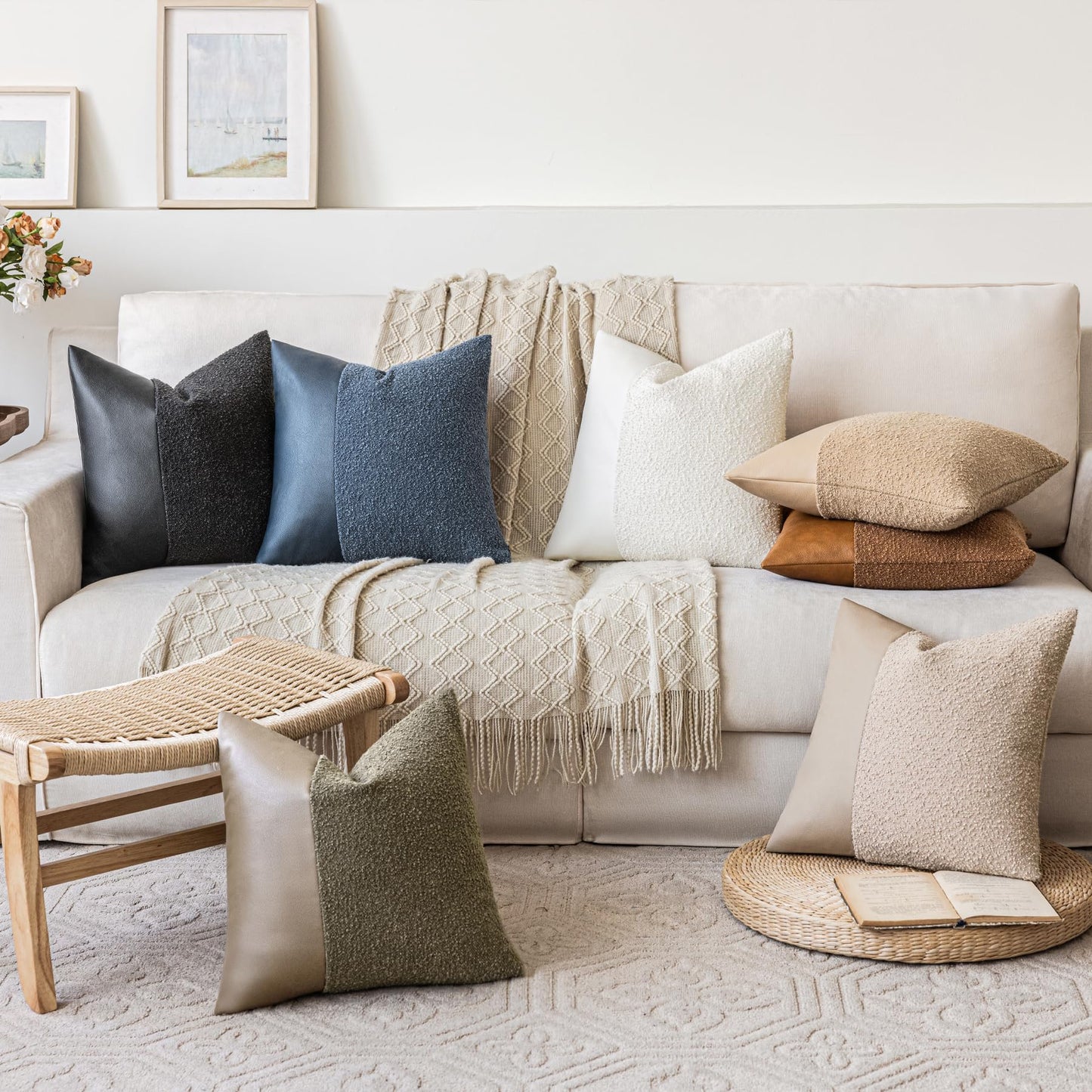 Set of 2 Fluffy Boucle Pillow Covers 18"x18", Oatmeal Textured Throw Pillow Covers with Faux Leather Accents, Boho Decorative Pillow Cases for Couch, Bed, or Farmhouse Home Decor BST220