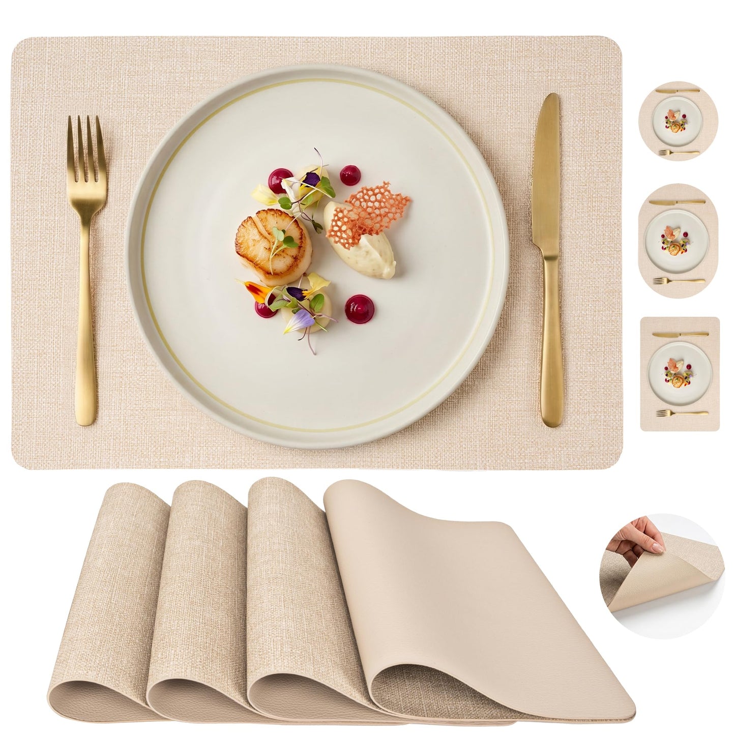 Faux Leather Placemats Set of 6, Wipeable Waterproof Stain Resistant Table Mats, Heat Resistant Thick Placemats with Hand-Painted Edges for Kitchen Dining, Imitative Linen Texture, Various Shapes BST326H