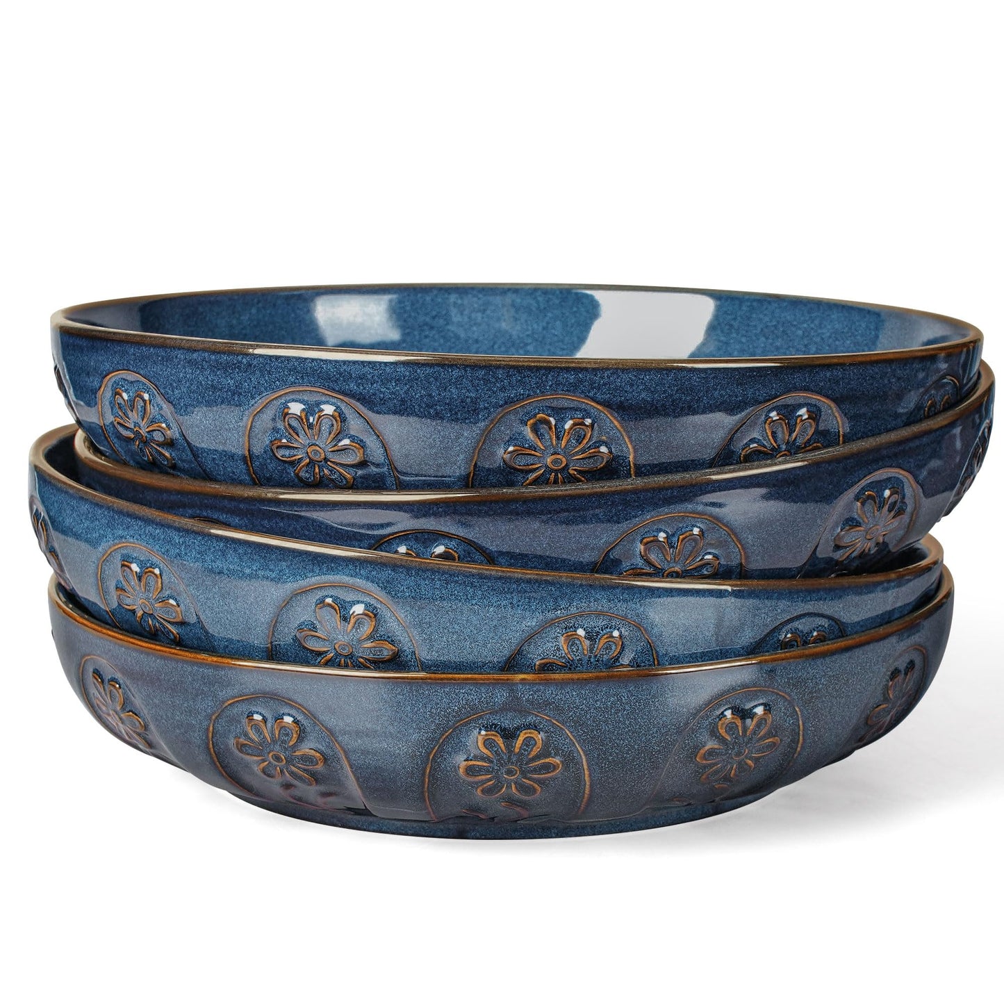 Artena Pasta Bowls, 50oz Large Salad Serving Bowls, 9.75'' Plates Bowls Set of 4, Big White Ceramic Soup Bowls for Kitchen, Embossment Shallow Dinner Bowl, Microwave Dishwasher Safe, Willow Leaf BST326H