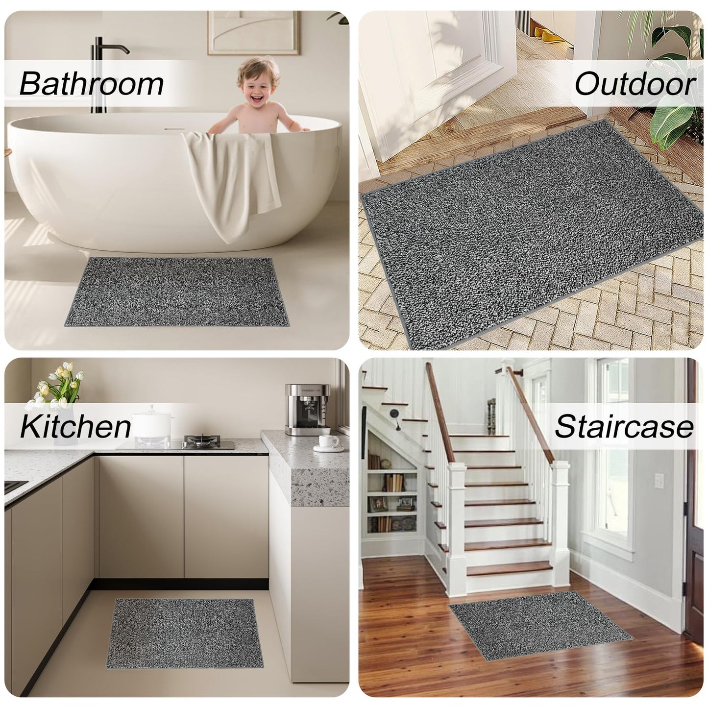 HDFK Bathroom Rugs | Non Slip Washable Bath Mats 24x16 Inches 2 Tone Soft Chenille Medium Pile TPR Floor Mat | High Absorbency Quick Dry Grey and White | Shower Rug for Wet Dry Zone BST220