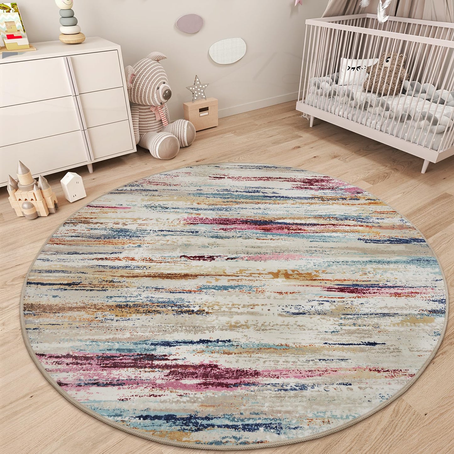 tchdio Round Rug 5FT Colorful Modern Abstract Circle Rug for Bedroom Non Slip Soft Circular Rug Carpet Washable Round Area Rug, Multi Color, 5FT BST220