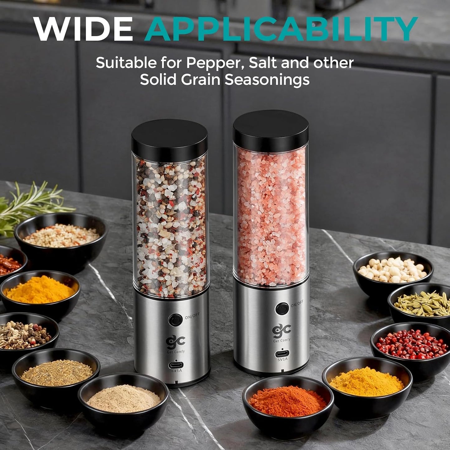 Electric Salt & Pepper Grinder Set One-Handed Automatic Pepper Mill with LED Light Adjustable Coarseness Large-Capacity Refillable Mill Durable Ceramic Core Battery Powered Seasoning Grinder for Home BST202