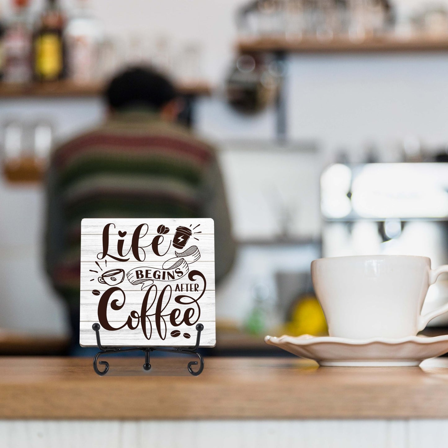 Coffee Bar Decor, Farmhouse Kitchen Table Decor, Coffee Station Accessories, Wooden Decorative Sign with Iron Stand for Table Desk Shelf Display-E21 BST220