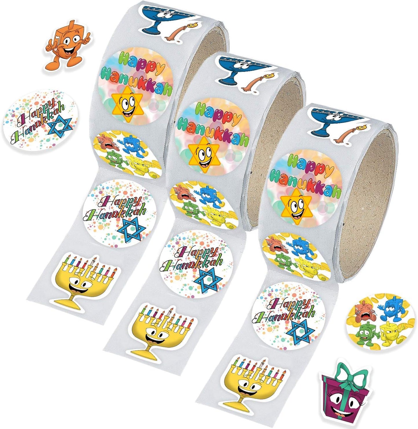 Hanukkah Sticker Roll, Chanukkah Menorah with Candle, Gift-Box, Dreidel, Happy Hanukkah Sticker 150 Count (Single Roll) BST326L
