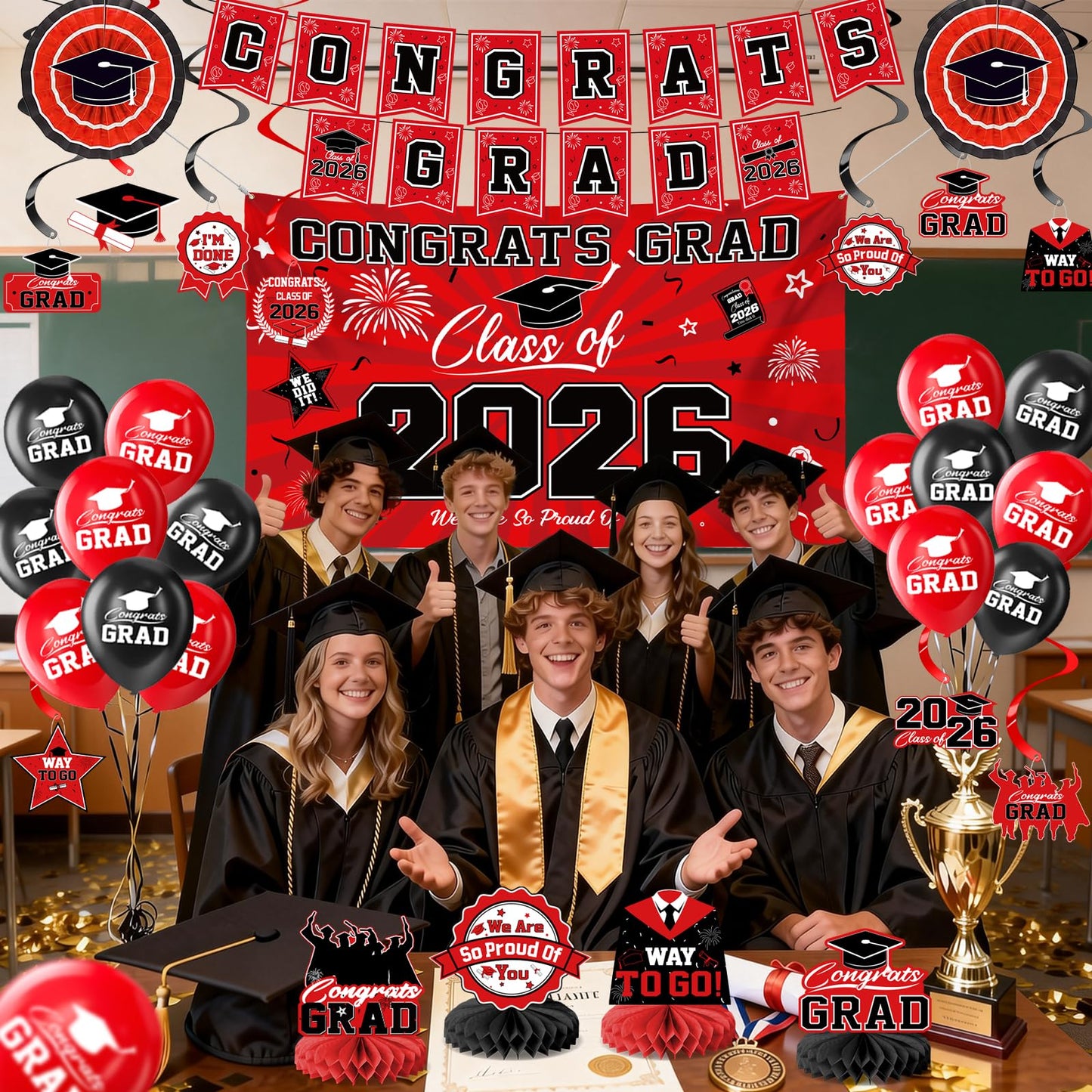 Graduation Decorations 2026-Blue and Black Graduation Party Decorations Supplies Class of 2026 with Graduation Banner, Backdrop, Balloons, Centerpieces, Hanging Swirl for Grad Party BST326H