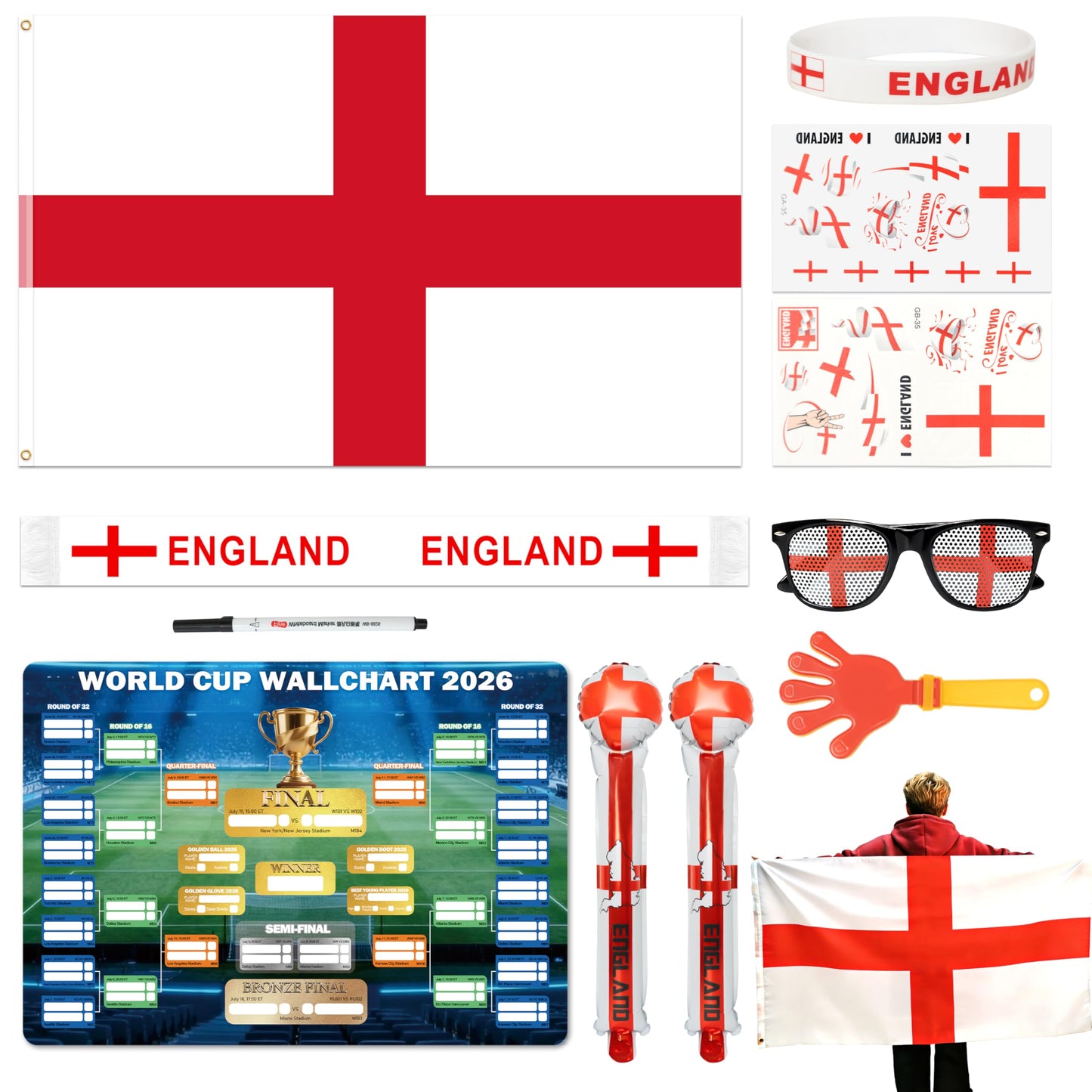 World Cup 2026 Fan Accessories with Large 3x5 ft Flag, Match Tracker Poster, Stickers, Cheering Sticks, Clapper & Scarf, World Cup Decorations Fan kit for Soccer Watch Party, Stadium and Home Cheering BST202