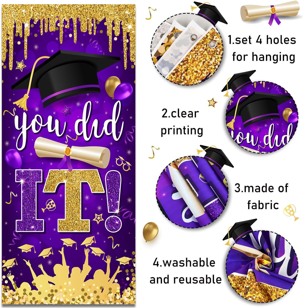 Graduation Decorations Class of 2026 Purple and Gold Congrats Grad Banner and You Did It Door Cover for High School College Graduation Party Supplies(Purple) BST326H