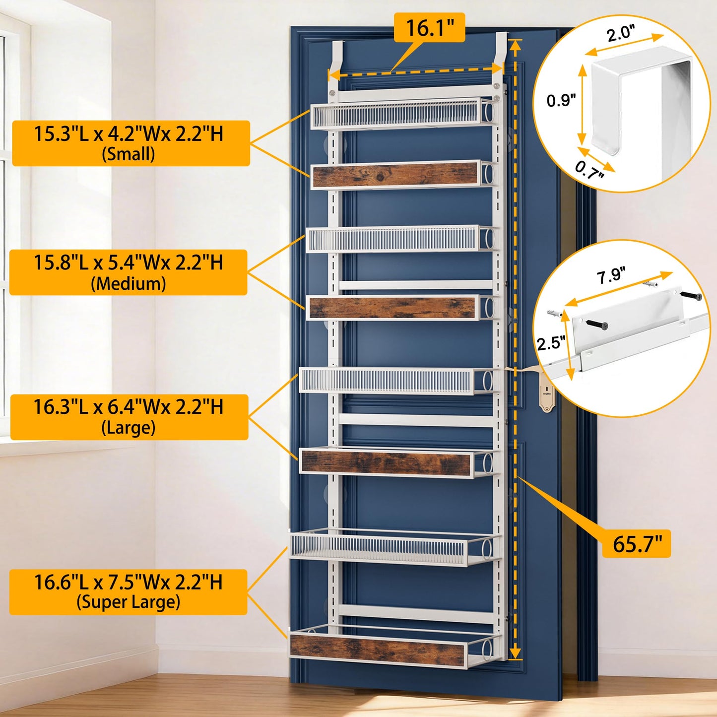 6 Tier Pantry Door Organizer Spice Rack, 2-IN-1 Wall Mount or Hanging Over Door Seasoning Organizer with Adjustable Baskets, Heavy Duty Behind Door Storage Shelves for Pantry, Cabinet and Kitchen BST220
