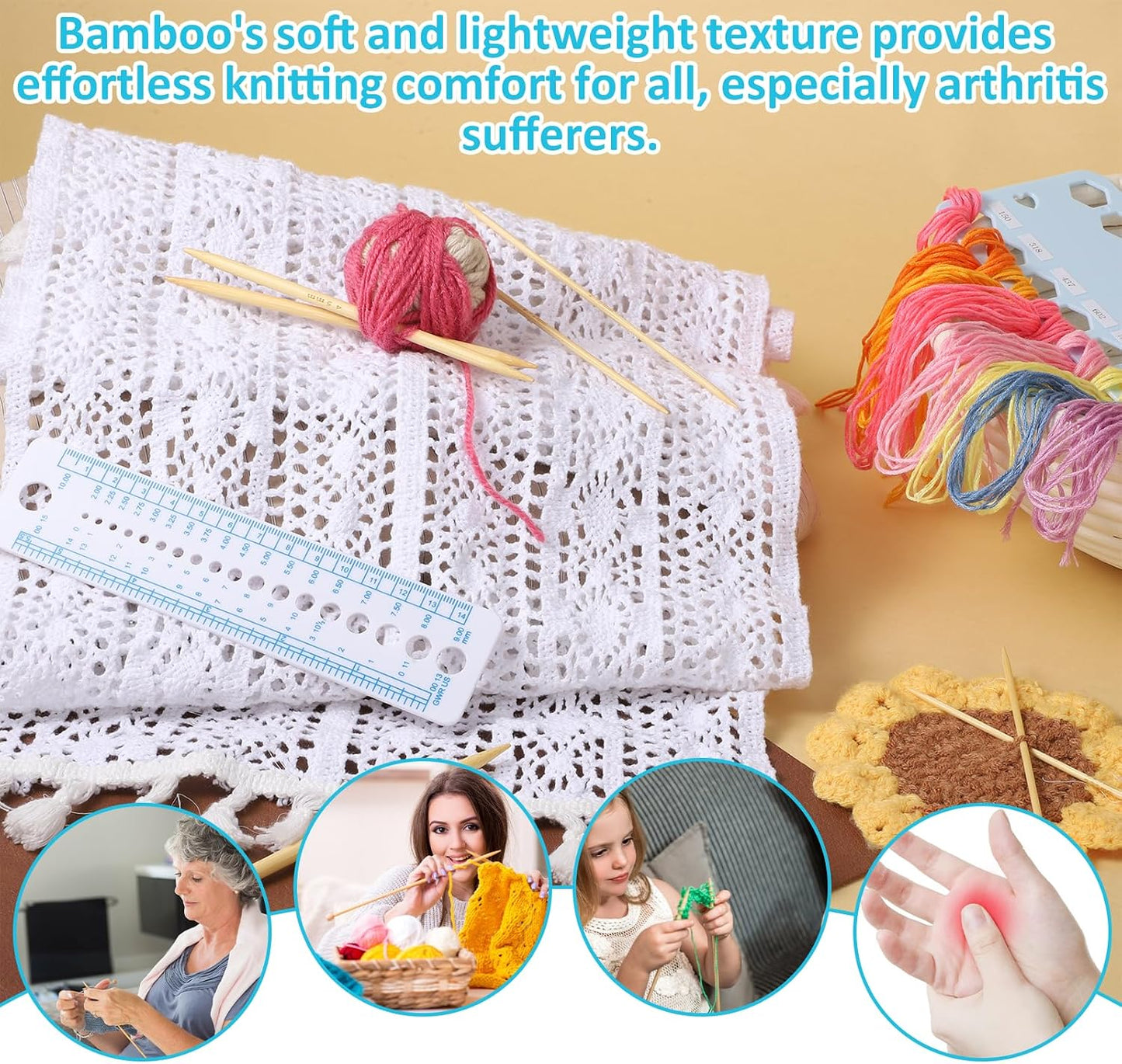 55PCS Wooden Knitting Needles, Double Pointed Knitting Needles Set, 11 Sizes Wooden Knitting Needles with Ruler for Socks Sweaters, 5.1 Inch BST326L