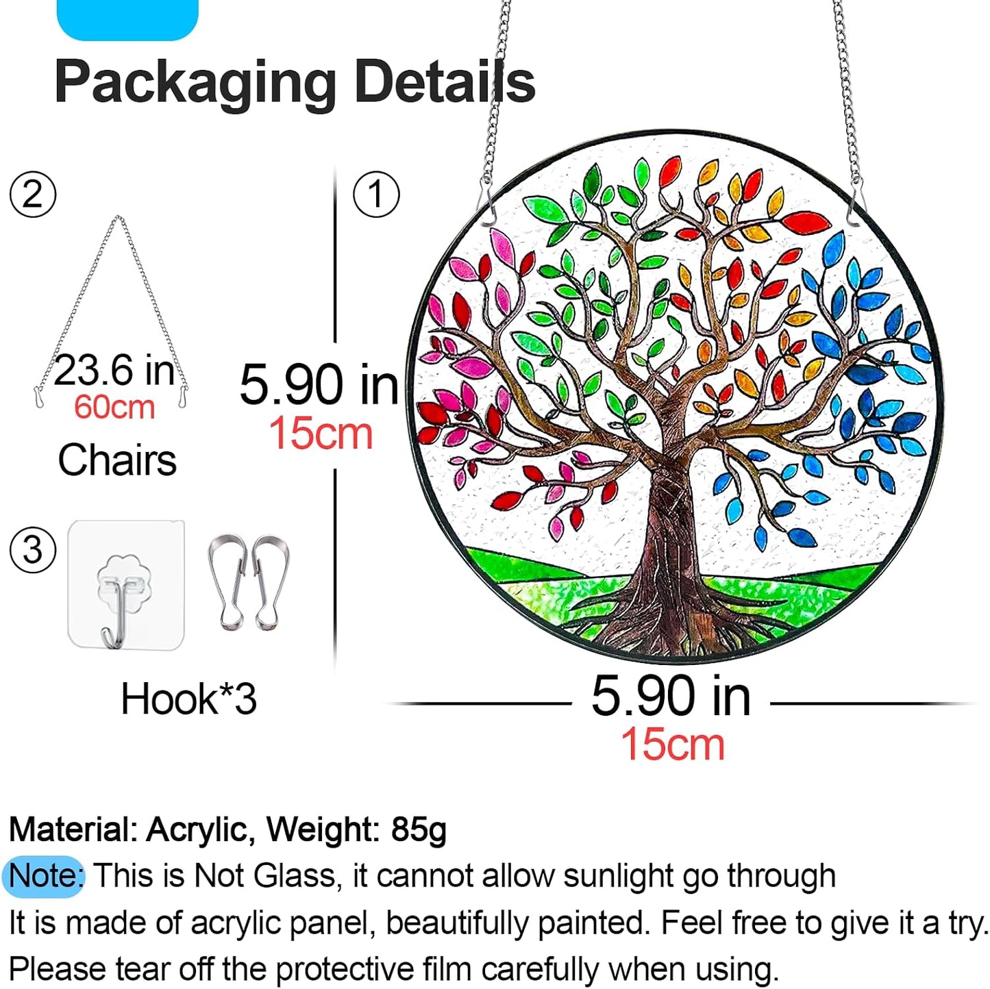 Tree of Life Stained Glass Window Hanging 5.90" Sun Catchers, Stain Glass Suncatchers for Indoor Windows Hanging, Hummingbird Gifts Window Garden Crystals Outdoor Decor Panels BST220
