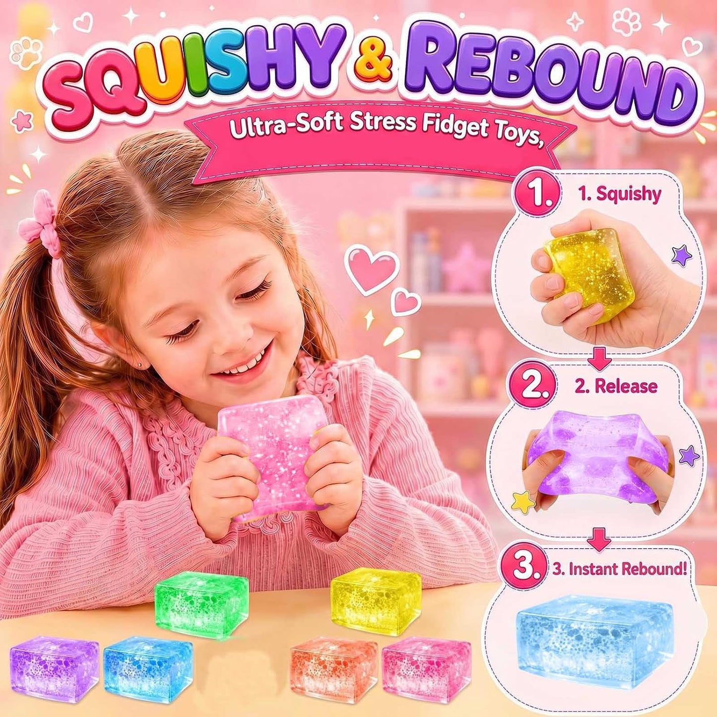 BENWIL 6 Pack Big Glitter Sugar Ice Cube Squishy Stress Balls Kit - Cube Squeezee Fidget Squishy Box Toys for Kids Adults, Holiday and Birthday Gifts, Perfect Party Toy Gift, Easter Basket Gift BST326H