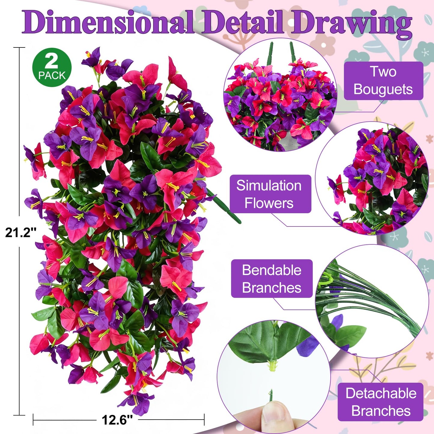 2 Pack Artificial Bougainvillea Flowers for Outdoors Decorations, Fake Hanging Plants, Faux Outside Flowers UV Resistant for Baskets Home Front Door Porch Patio Balcony Yard(Hot Pink) BST202